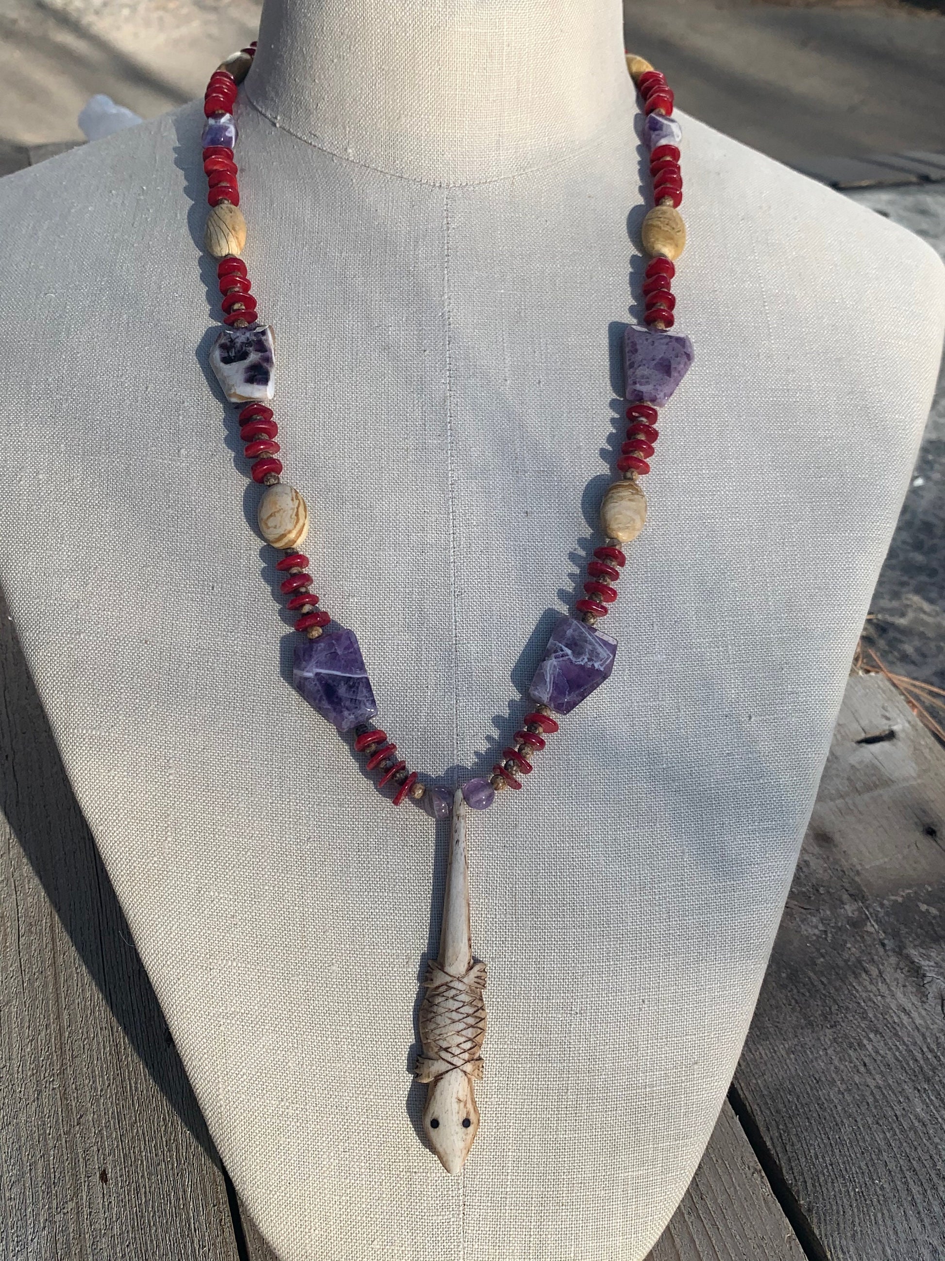 necklace "Desert Sunset" Carved Bone lizard, Chevron Amethyst, Red Coral, Jasper, Southwest jewelry, Gender Neutral necklace, Wild West