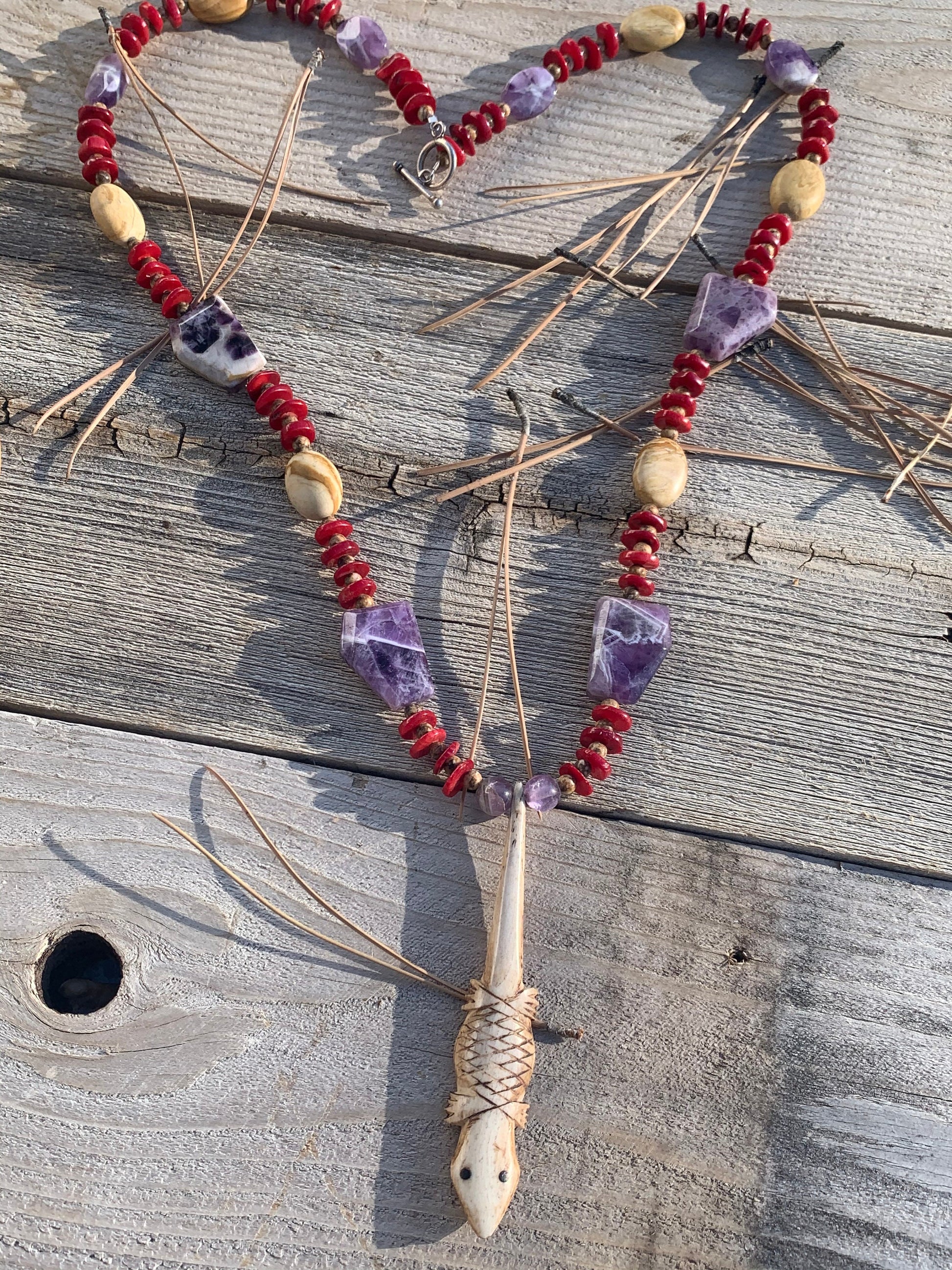 necklace "Desert Sunset" Carved Bone lizard, Chevron Amethyst, Red Coral, Jasper, Southwest jewelry, Gender Neutral necklace, Wild West