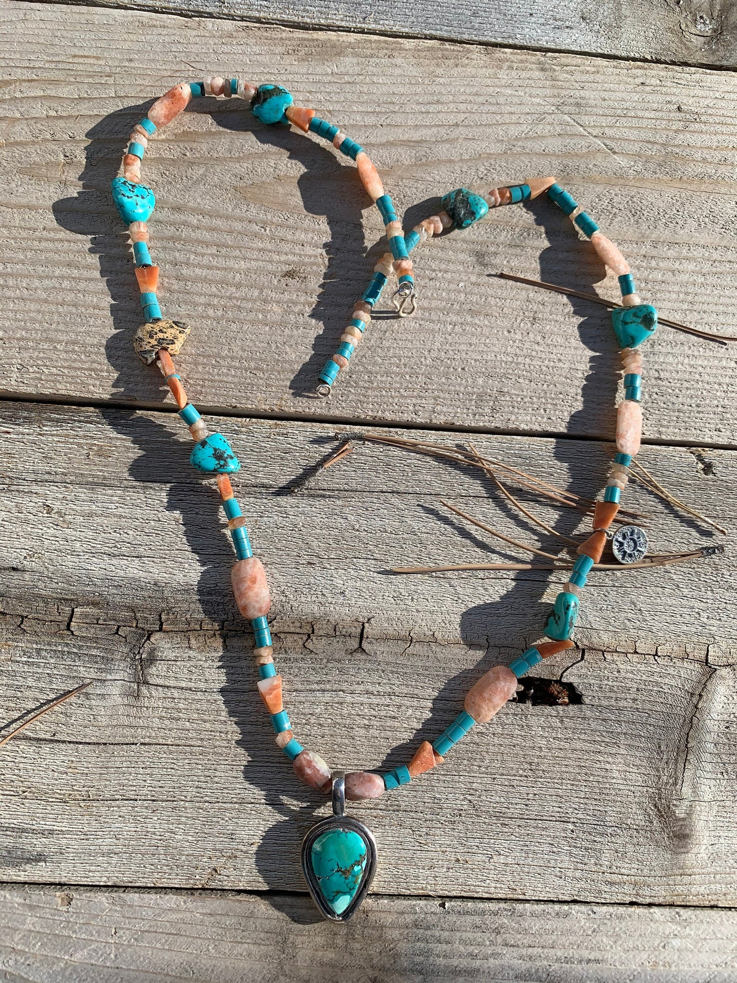 necklace "Land of Enchantment" Turquoise pendant, Sterling Zia charm, Zuni Bear fetish, Sunstone, Turquoise, New Mexico, Reiki charged