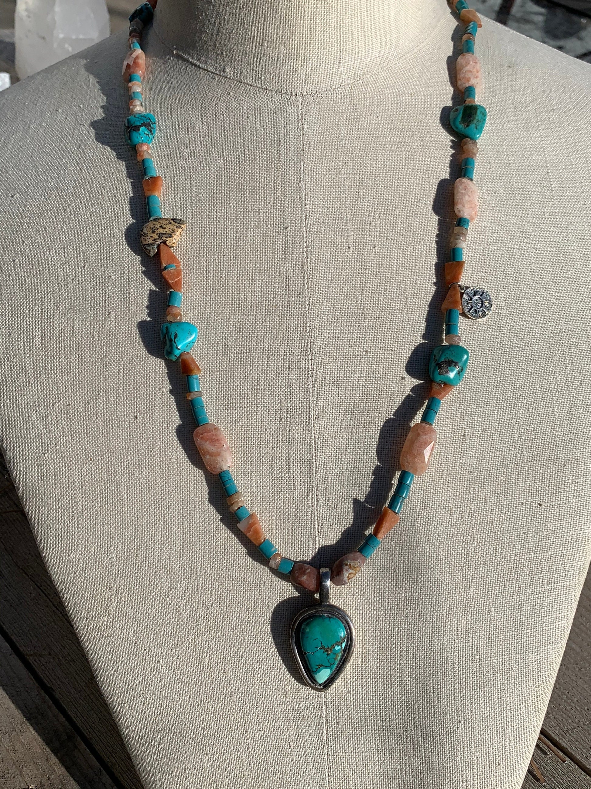 necklace "Land of Enchantment" Turquoise pendant, Sterling Zia charm, Zuni Bear fetish, Sunstone, Turquoise, New Mexico, Reiki charged