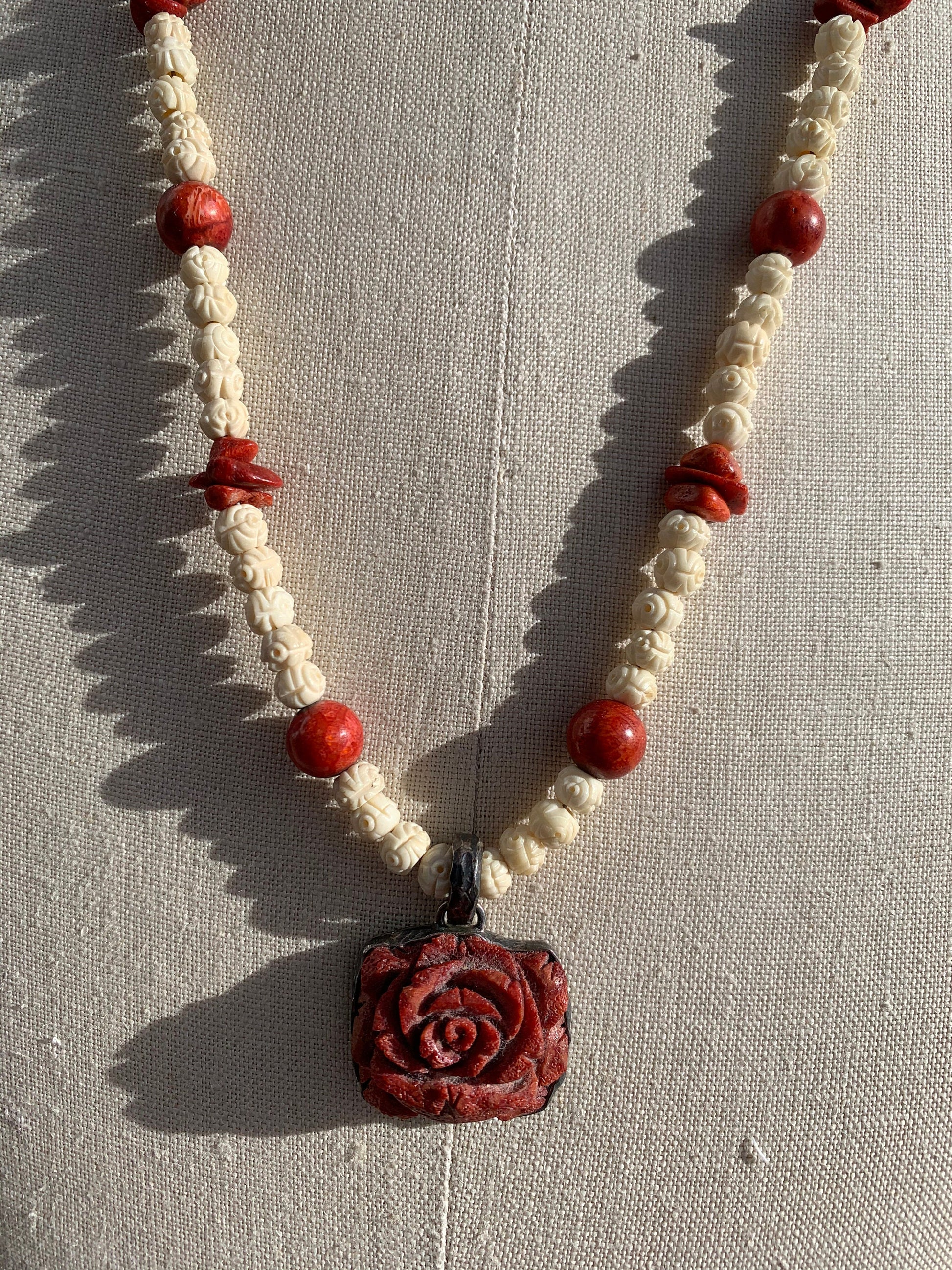 Necklace “Spring Rose” Vintage Carved Coral Rose pendant, Vintage carved bone Rose beads, Vintage Coral Beads, Gift idea, Spring line