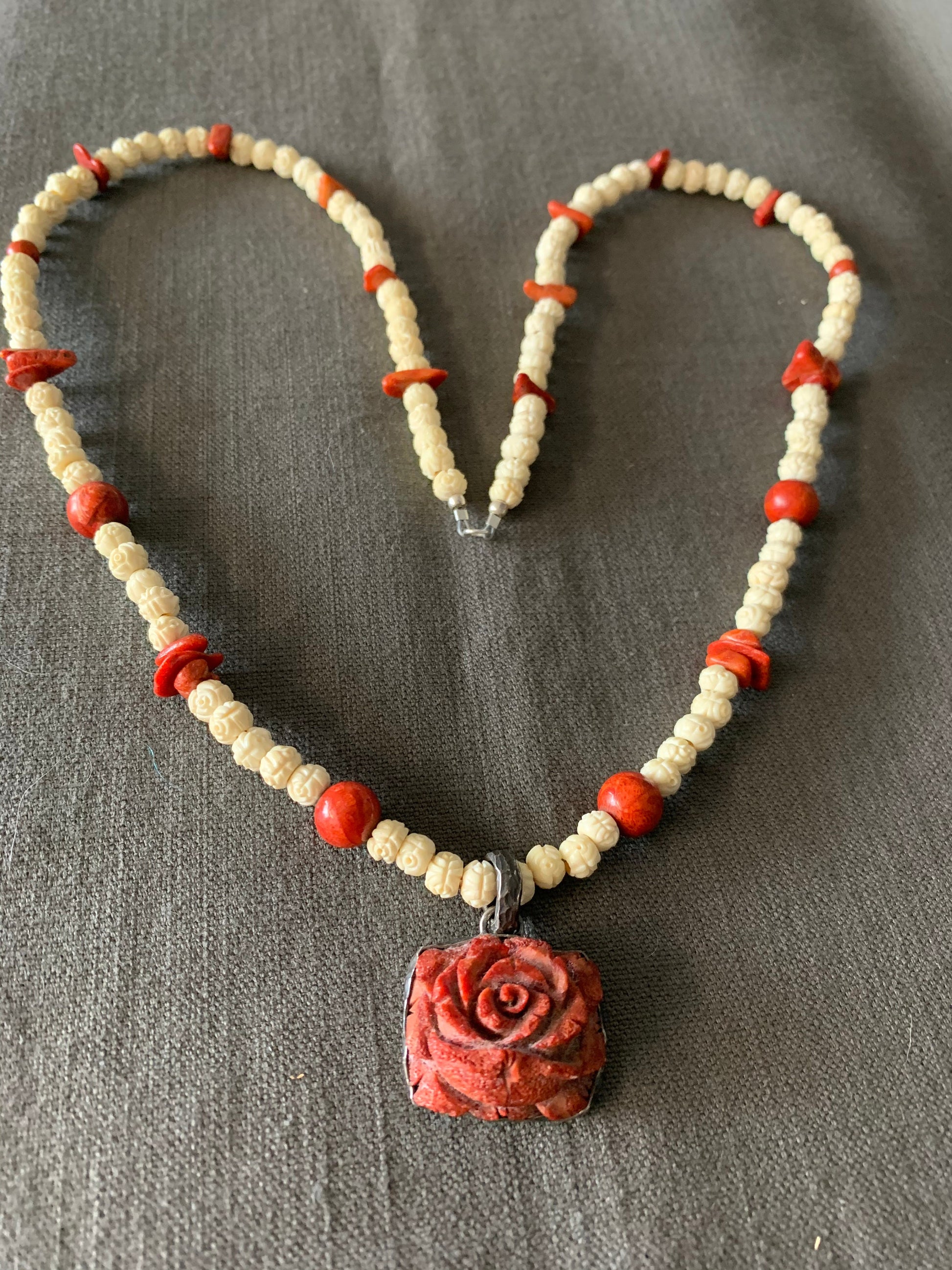 Necklace “Spring Rose” Vintage Carved Coral Rose pendant, Vintage carved bone Rose beads, Vintage Coral Beads, Gift idea, Spring line