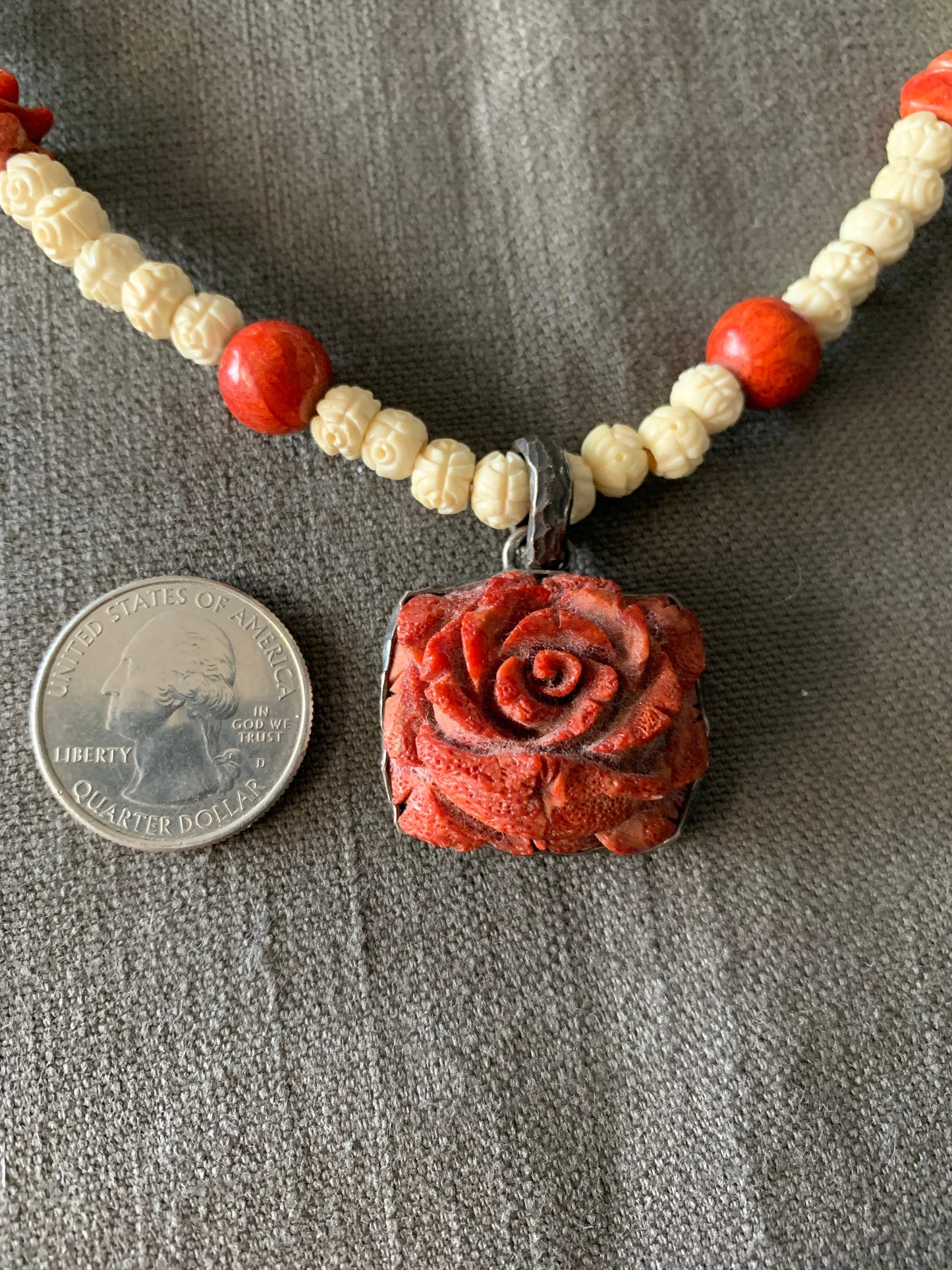 Necklace “Spring Rose” Vintage Carved Coral Rose pendant, Vintage carved bone Rose beads, Vintage Coral Beads, Gift idea, Spring line