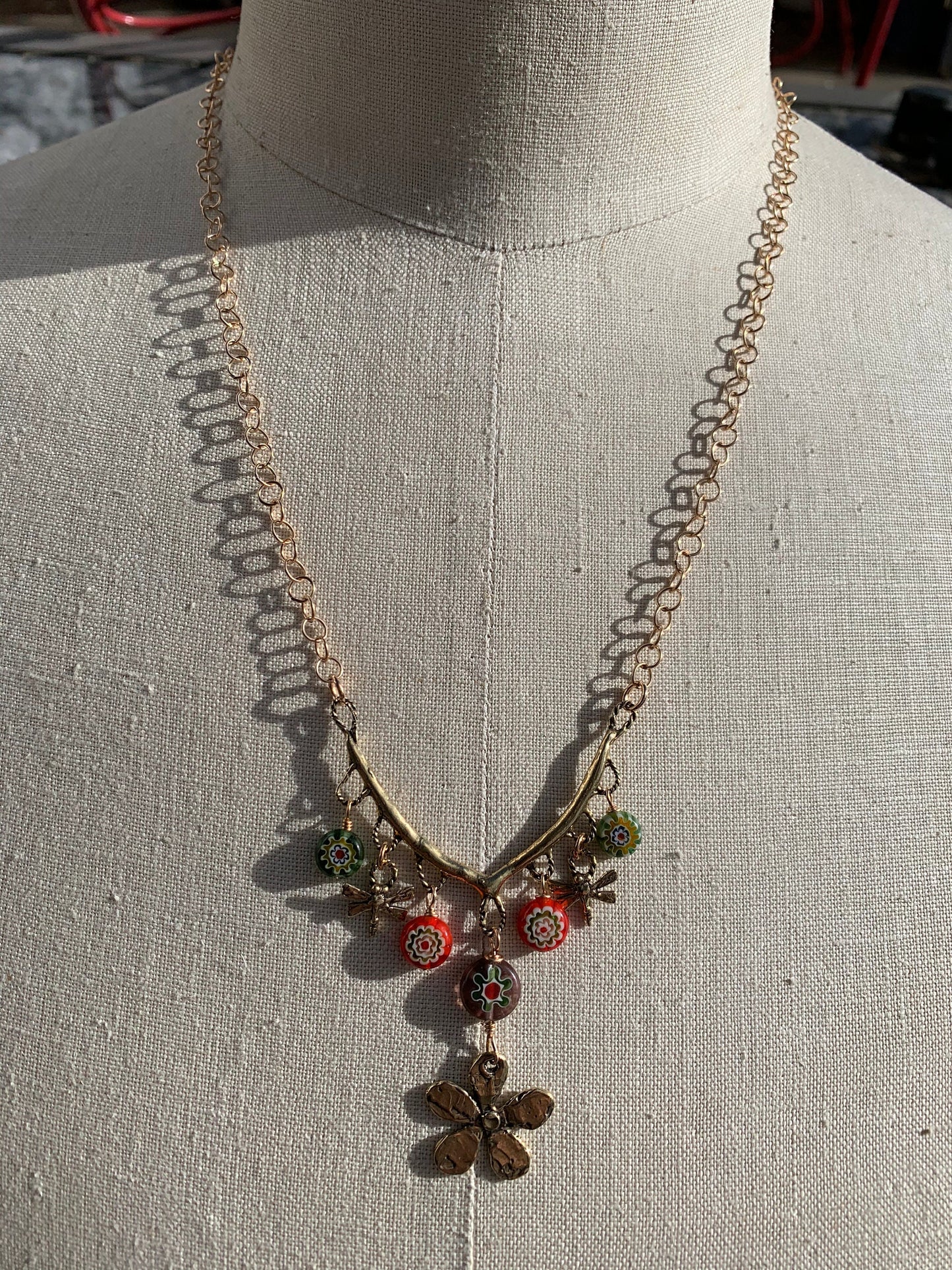 Necklace “Garden Party” hand cast Bronze Flower, hand cast Bronze Dragonflies, Millefiori flowers, Spring, Bronze charm necklace, Gift idea