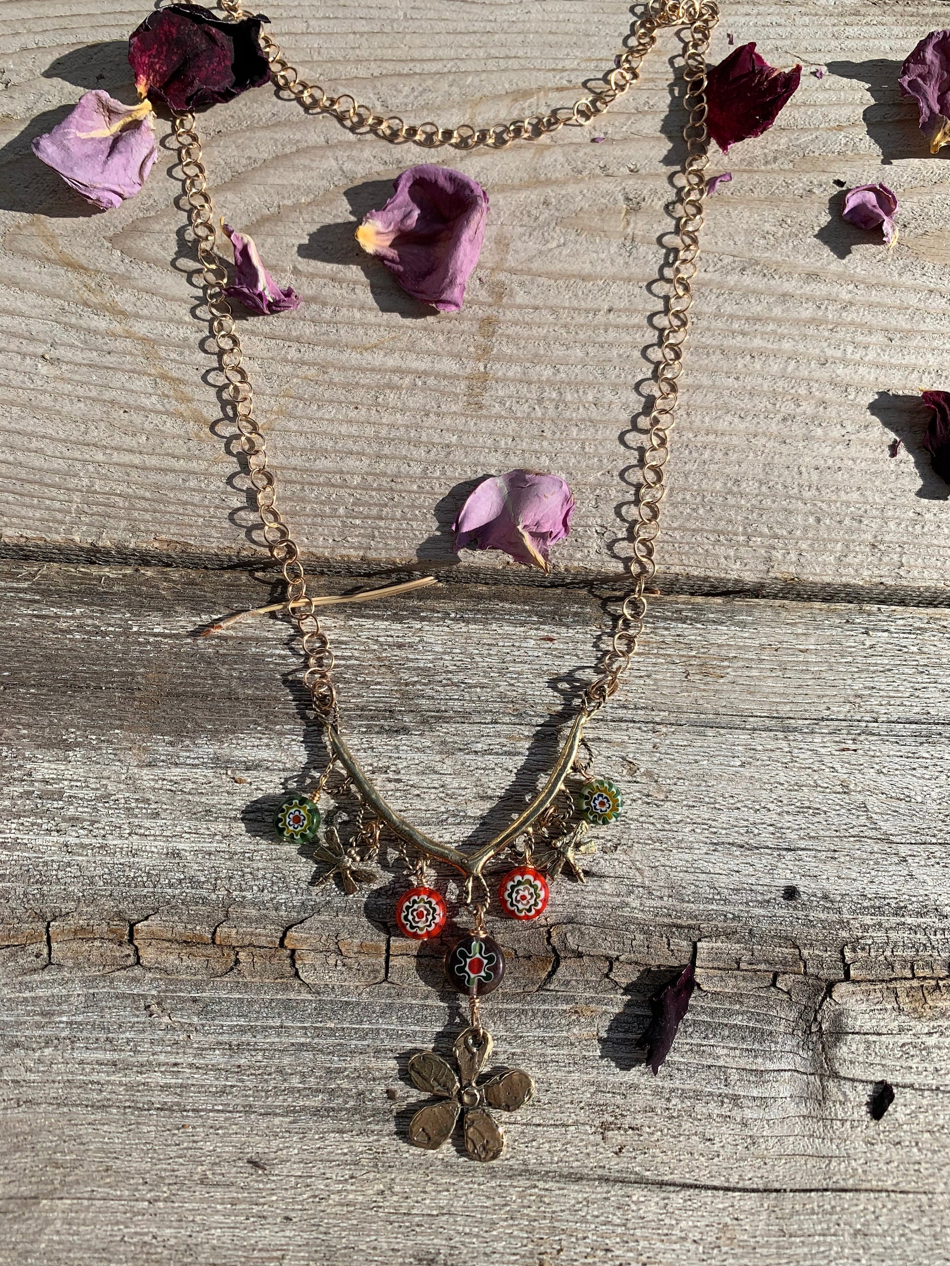 Necklace “Garden Party” hand cast Bronze Flower, hand cast Bronze Dragonflies, Millefiori flowers, Spring, Bronze charm necklace, Gift idea