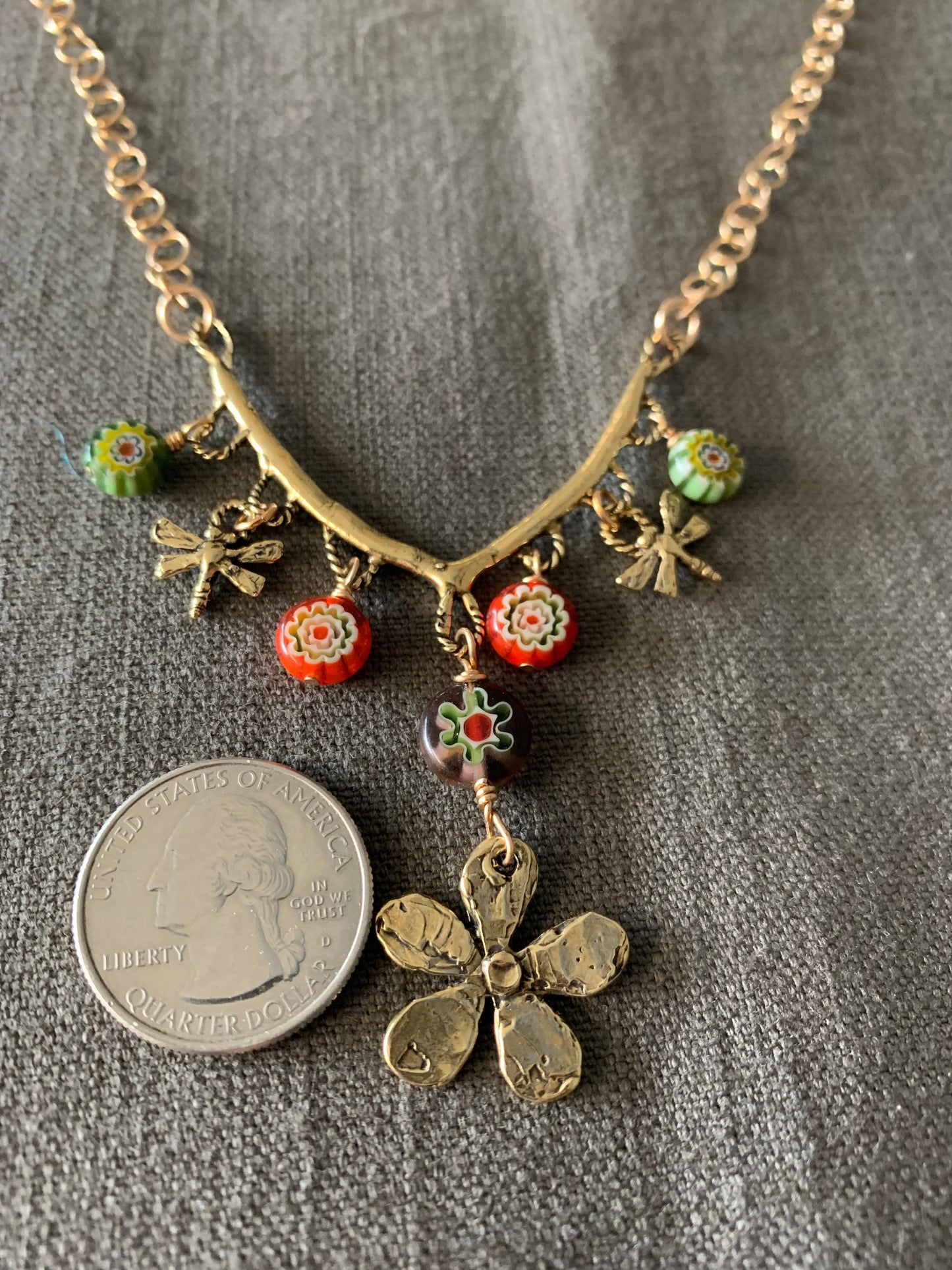 Necklace “Garden Party” hand cast Bronze Flower, hand cast Bronze Dragonflies, Millefiori flowers, Spring, Bronze charm necklace, Gift idea