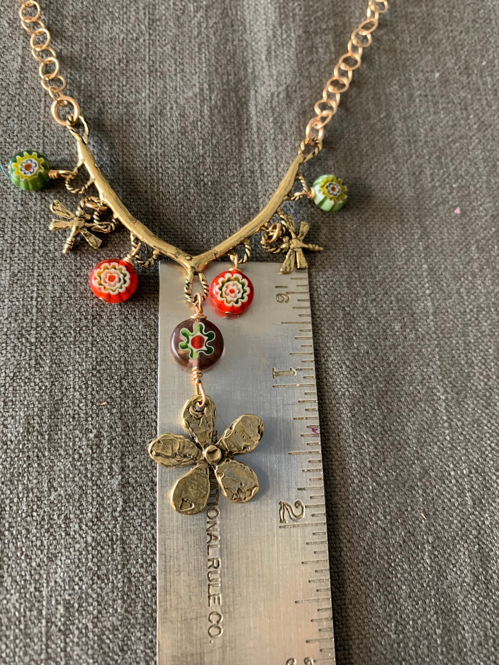 Necklace “Garden Party” hand cast Bronze Flower, hand cast Bronze Dragonflies, Millefiori flowers, Spring, Bronze charm necklace, Gift idea