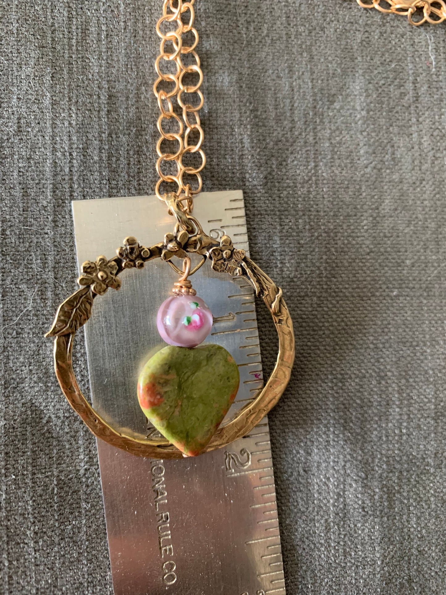 Pendant “Spring Heart” Hand Cast Bronze Floral Charm Holder, Unakite Heart, Lampwork Floral Bead, Spring Line, Gift idea, Gender Neutral