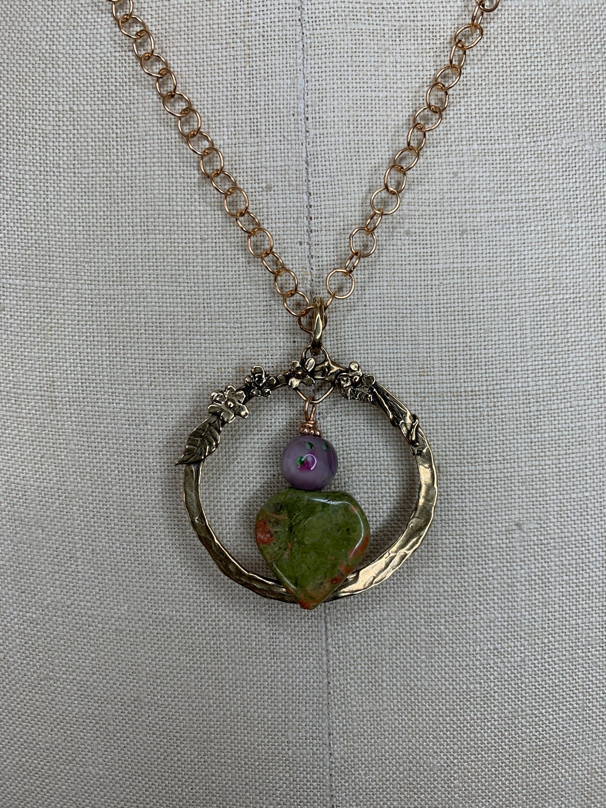 Pendant “Spring Heart” Hand Cast Bronze Floral Charm Holder, Unakite Heart, Lampwork Floral Bead, Spring Line, Gift idea, Gender Neutral