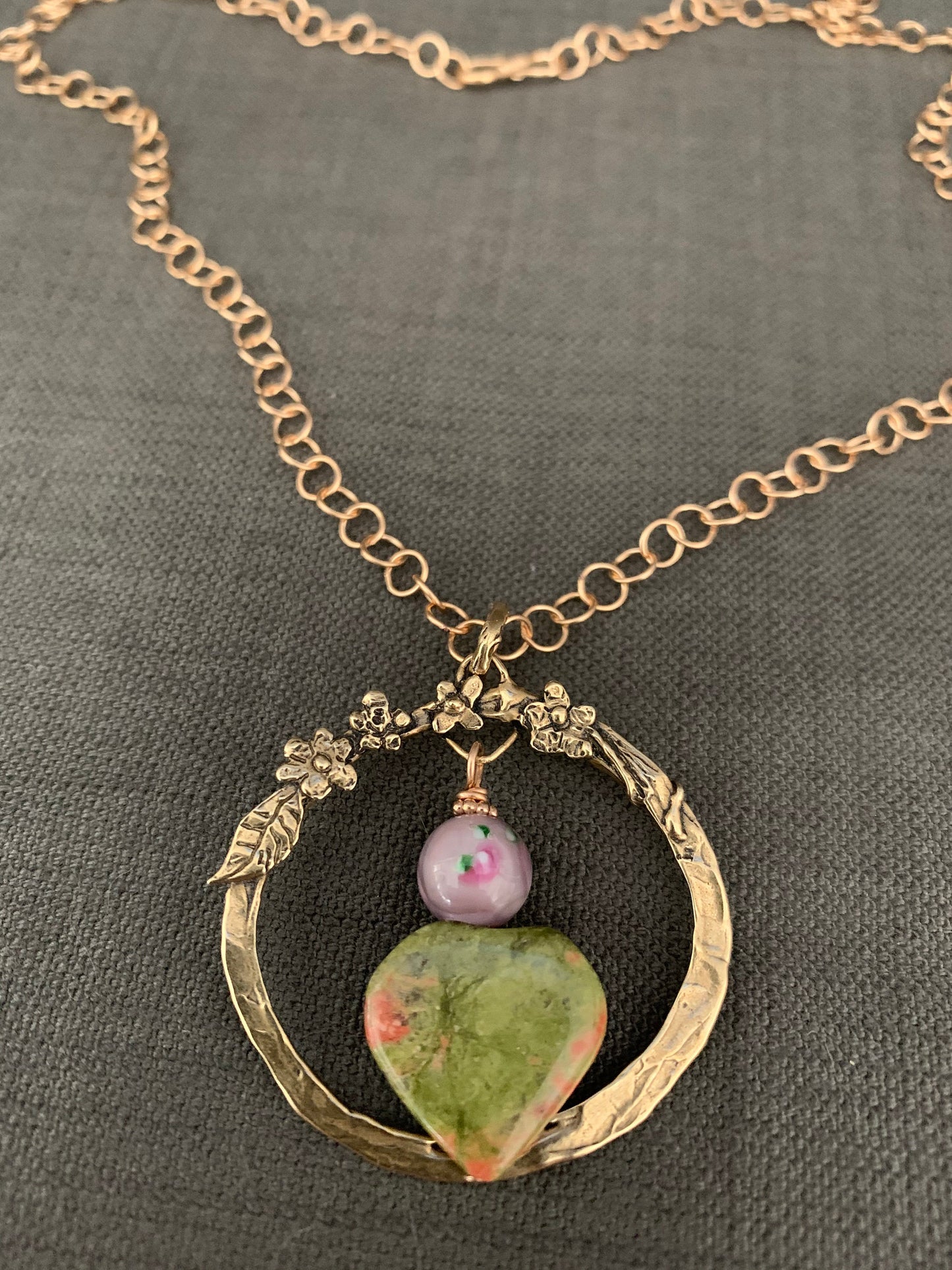 Pendant “Spring Heart” Hand Cast Bronze Floral Charm Holder, Unakite Heart, Lampwork Floral Bead, Spring Line, Gift idea, Gender Neutral