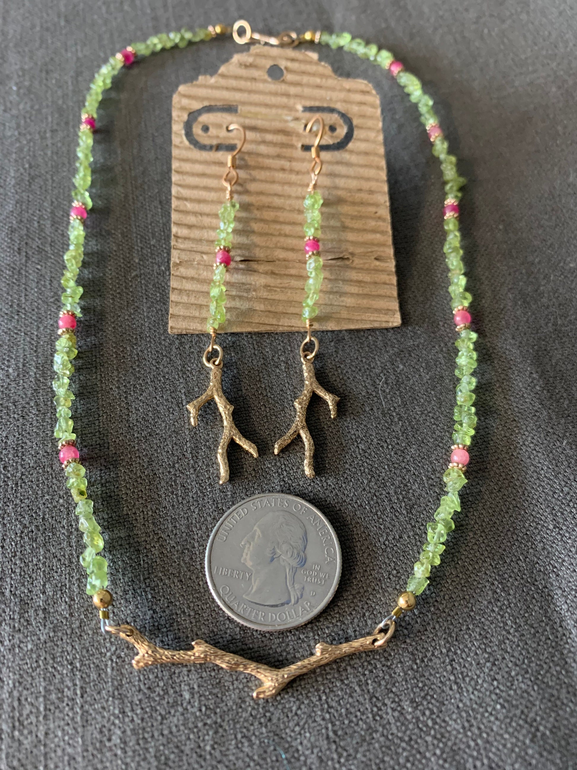 Jewelry set “First Bloom” Bronze branches, Peridot, Spring Line, Gift Idea, Pink Stone, Reiki charged, New Beginnings