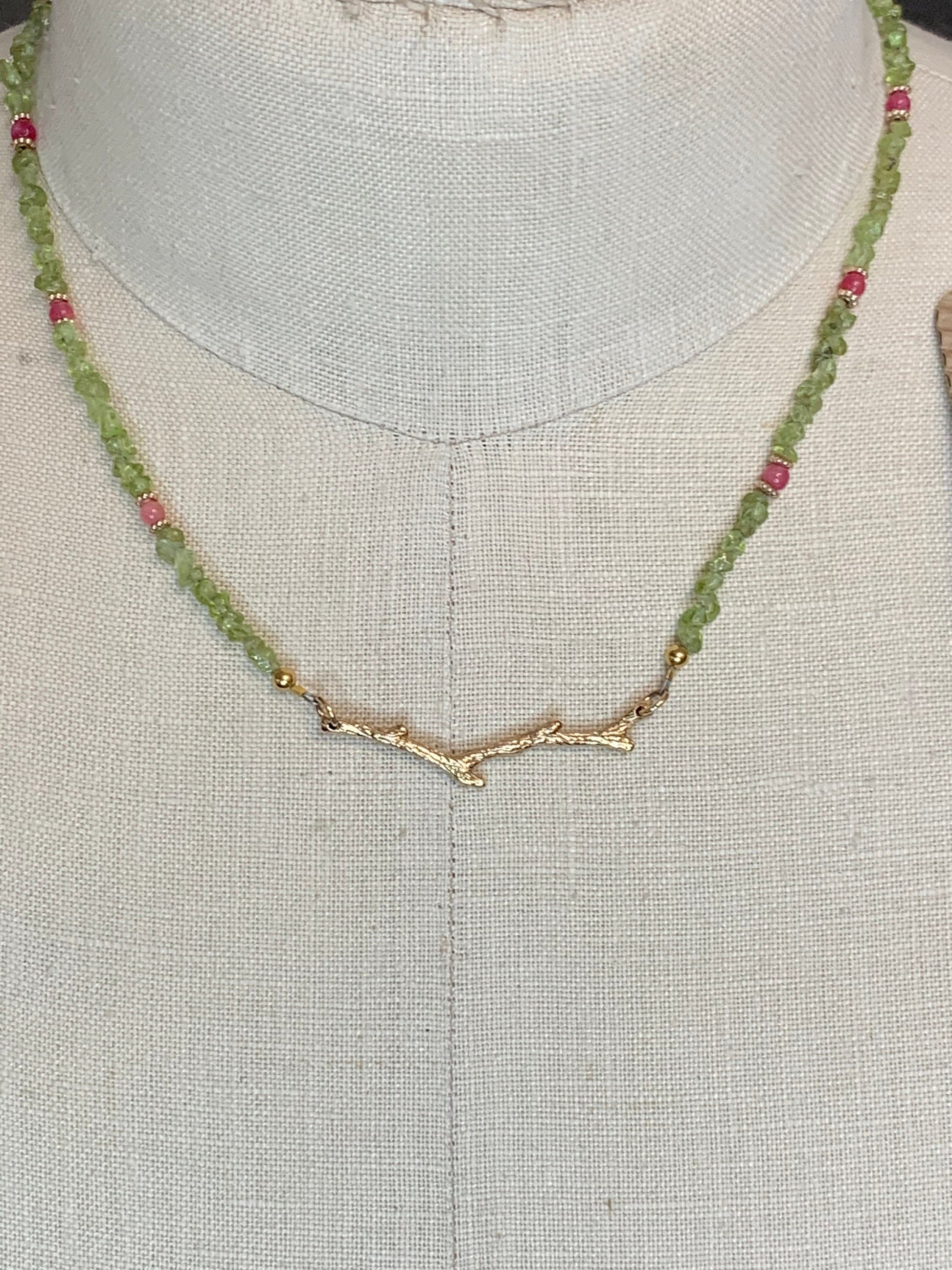 Jewelry set “First Bloom” Bronze branches, Peridot, Spring Line, Gift Idea, Pink Stone, Reiki charged, New Beginnings