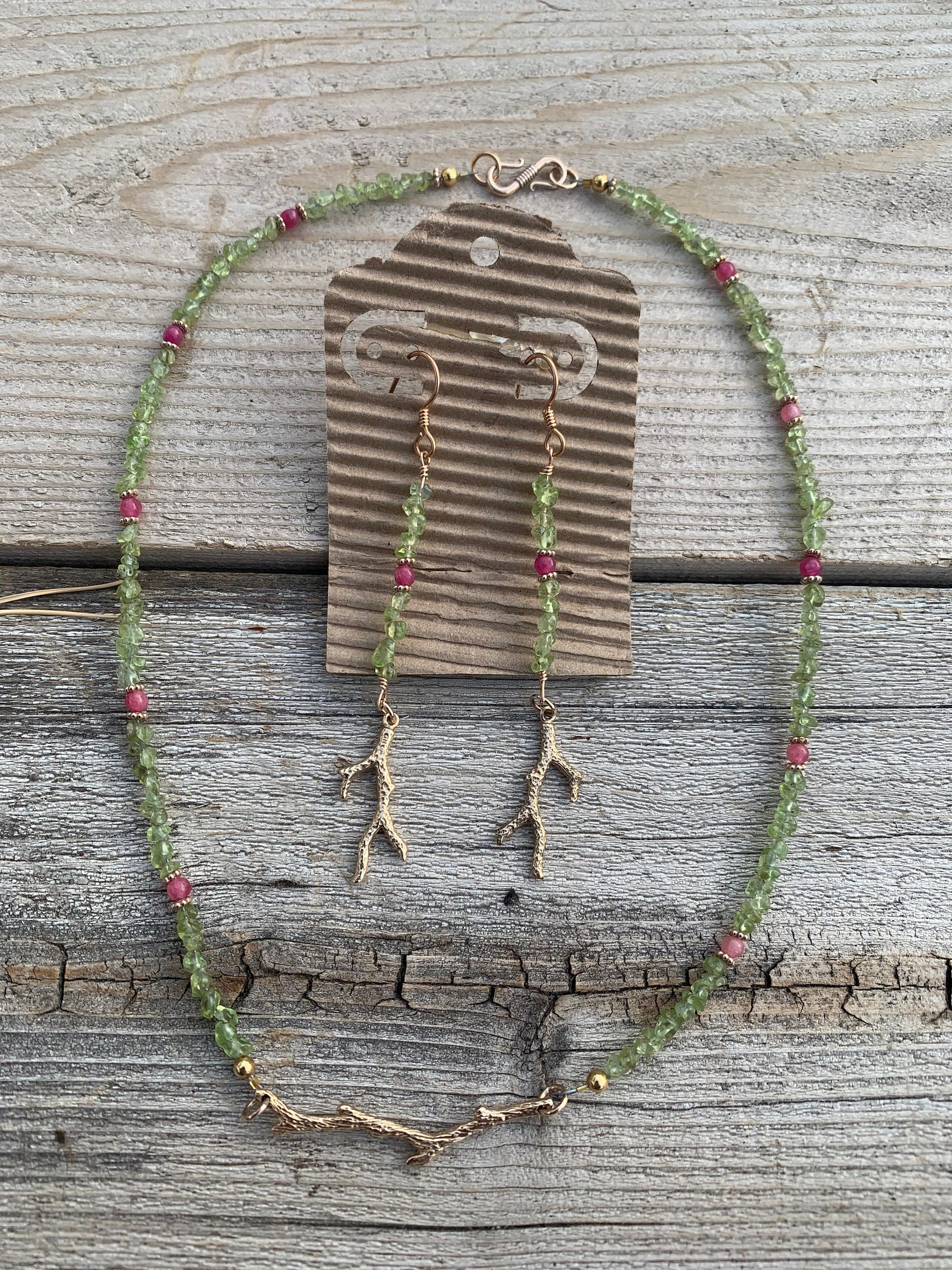 Jewelry set “First Bloom” Bronze branches, Peridot, Spring Line, Gift Idea, Pink Stone, Reiki charged, New Beginnings