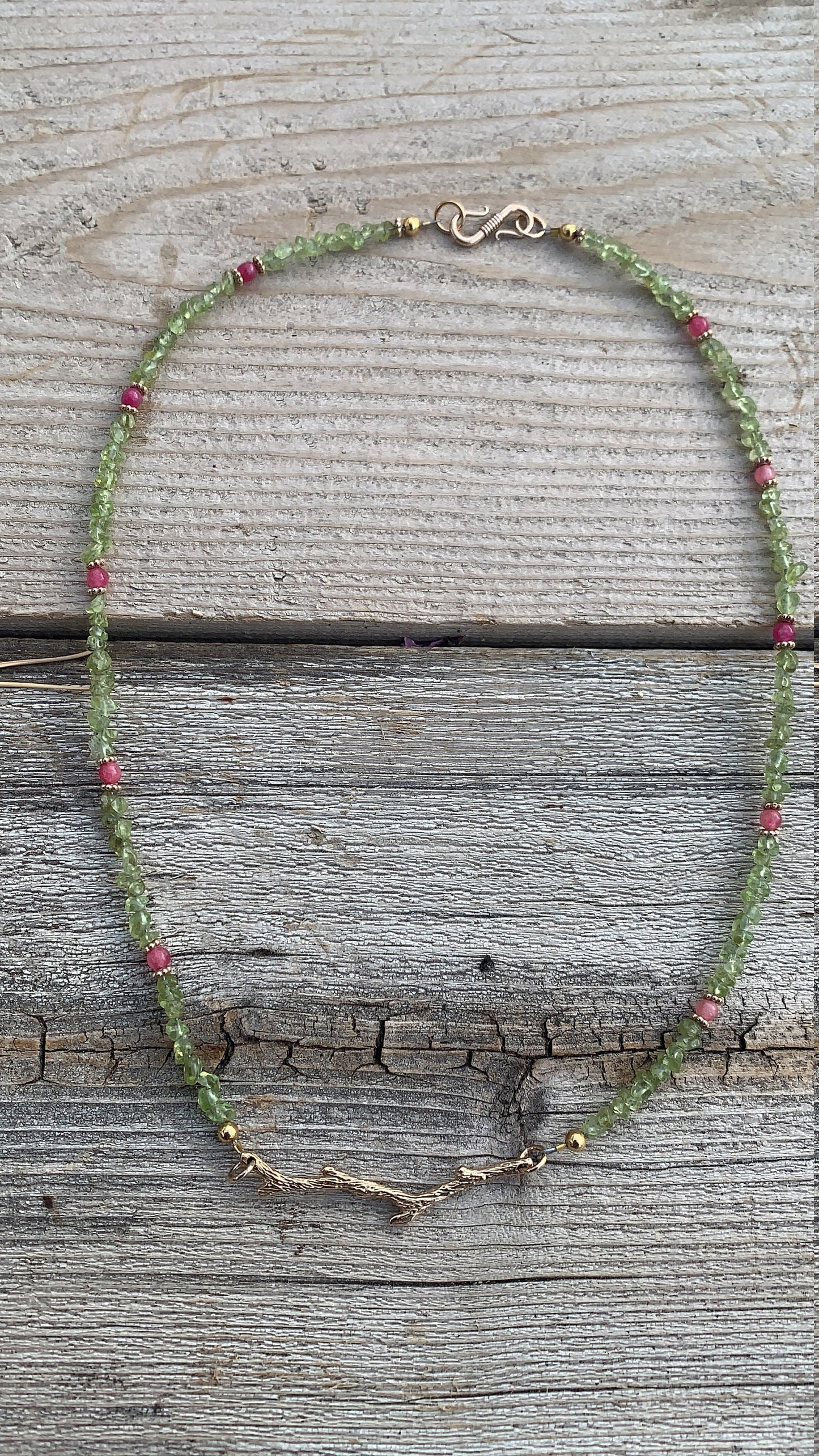 Jewelry set “First Bloom” Bronze branches, Peridot, Spring Line, Gift Idea, Pink Stone, Reiki charged, New Beginnings