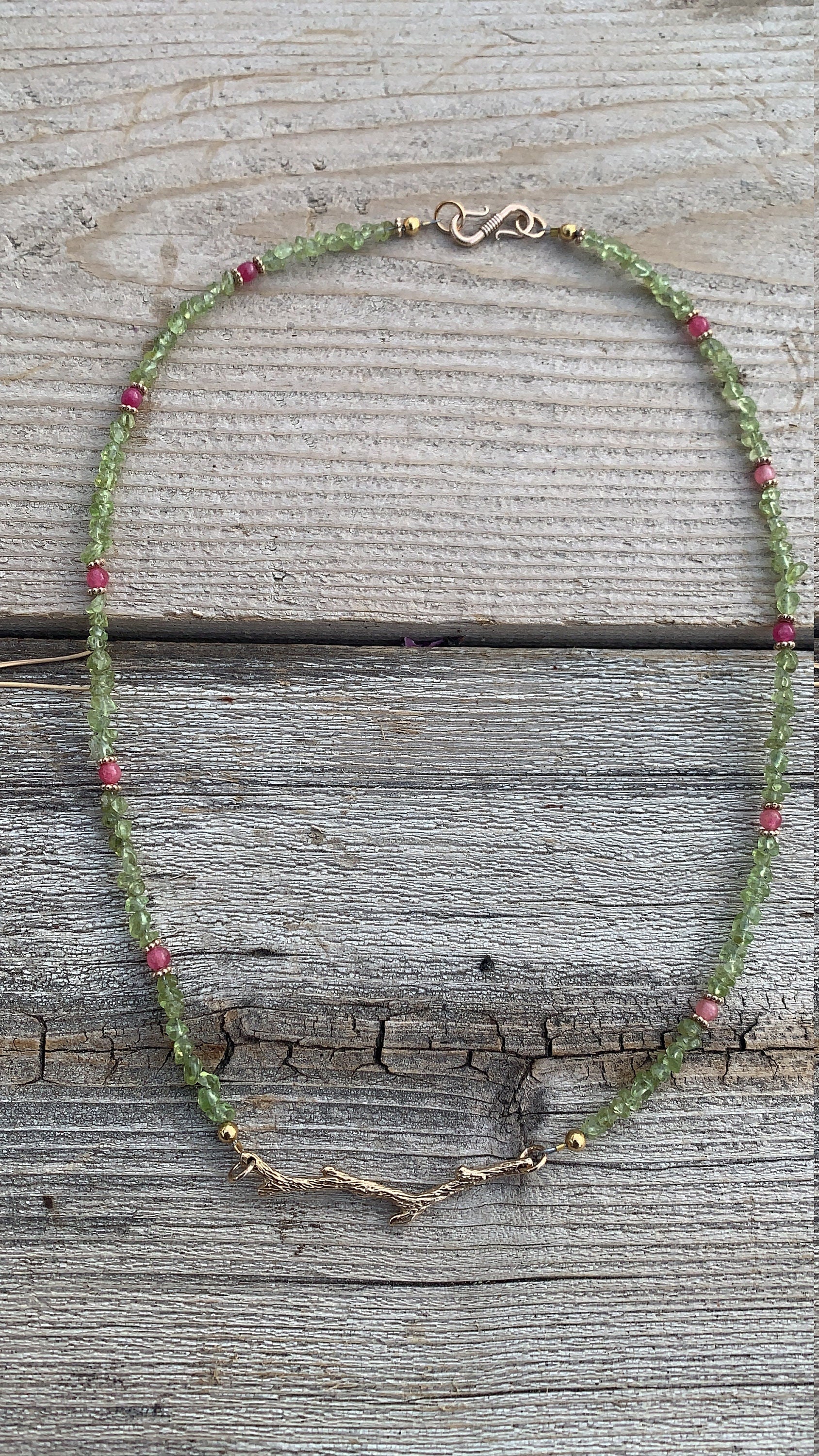 Jewelry set “First Bloom” Bronze branches, Peridot, Spring Line, Gift Idea, Pink Stone, Reiki charged, New Beginnings