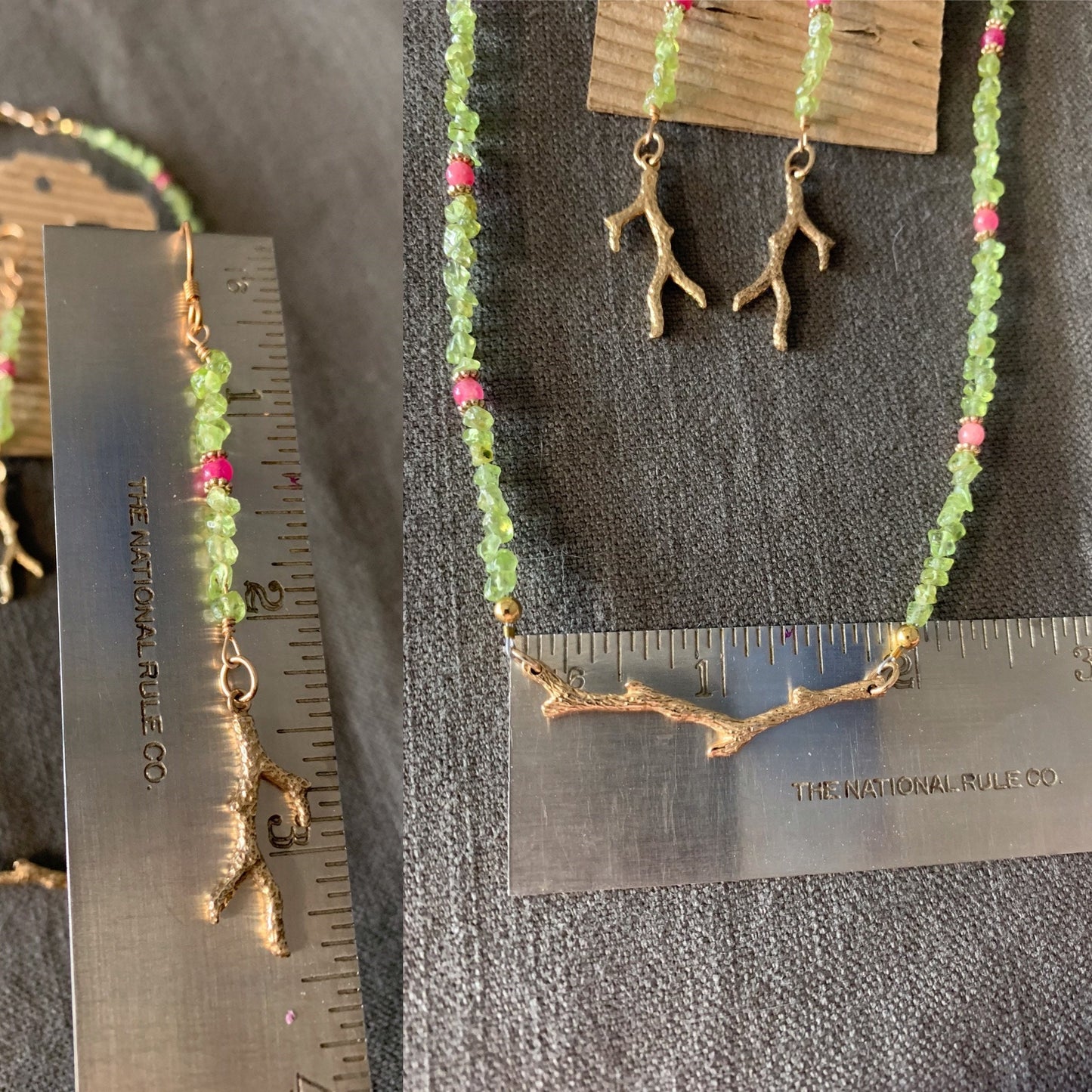 Jewelry set “First Bloom” Bronze branches, Peridot, Spring Line, Gift Idea, Pink Stone, Reiki charged, New Beginnings