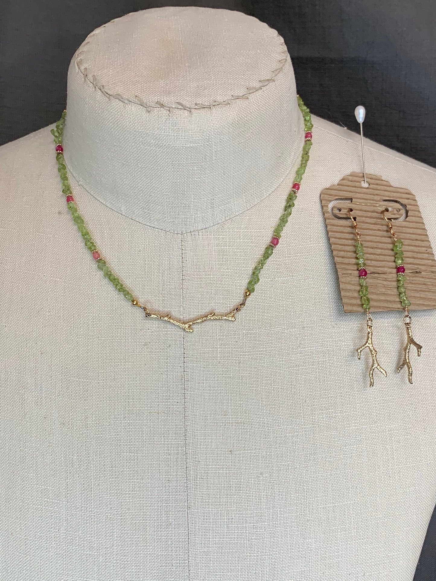 Jewelry set “First Bloom” Bronze branches, Peridot, Spring Line, Gift Idea, Pink Stone, Reiki charged, New Beginnings