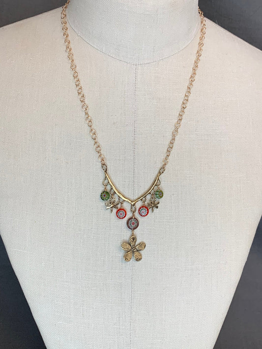 Necklace “Garden Party” hand cast Bronze Flower, hand cast Bronze Dragonflies, Millefiori flowers, Spring, Bronze charm necklace, Gift idea