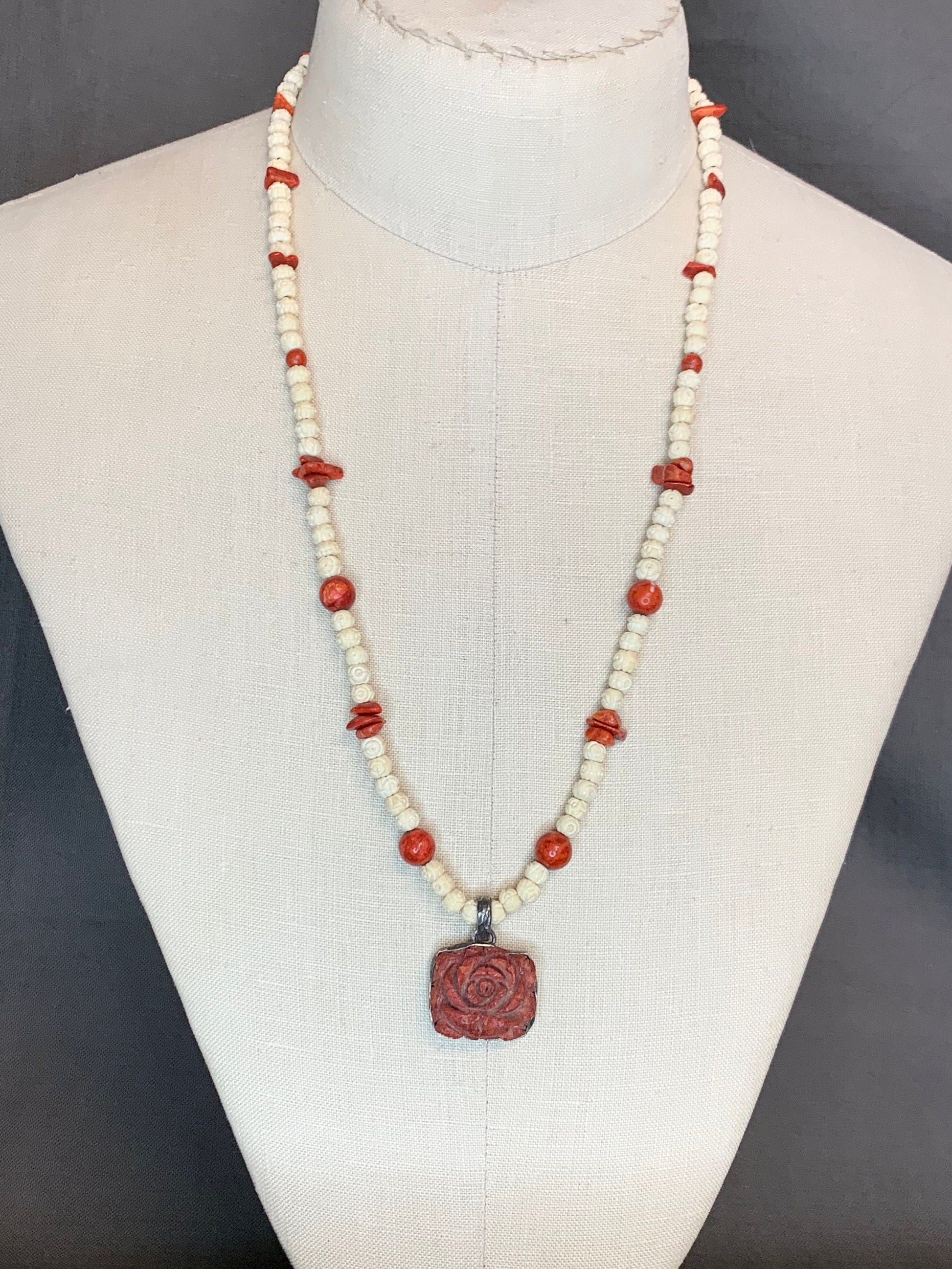 Necklace “Spring Rose” Vintage Carved Coral Rose pendant, Vintage carved bone Rose beads, Vintage Coral Beads, Gift idea, Spring line