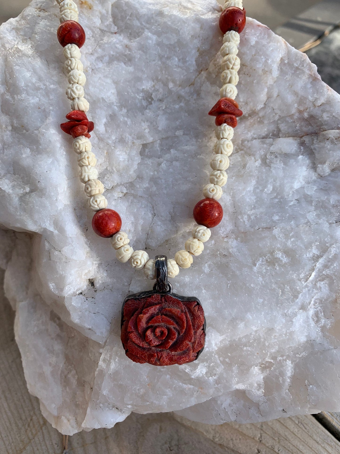 Necklace “Spring Rose” Vintage Carved Coral Rose pendant, Vintage carved bone Rose beads, Vintage Coral Beads, Gift idea, Spring line