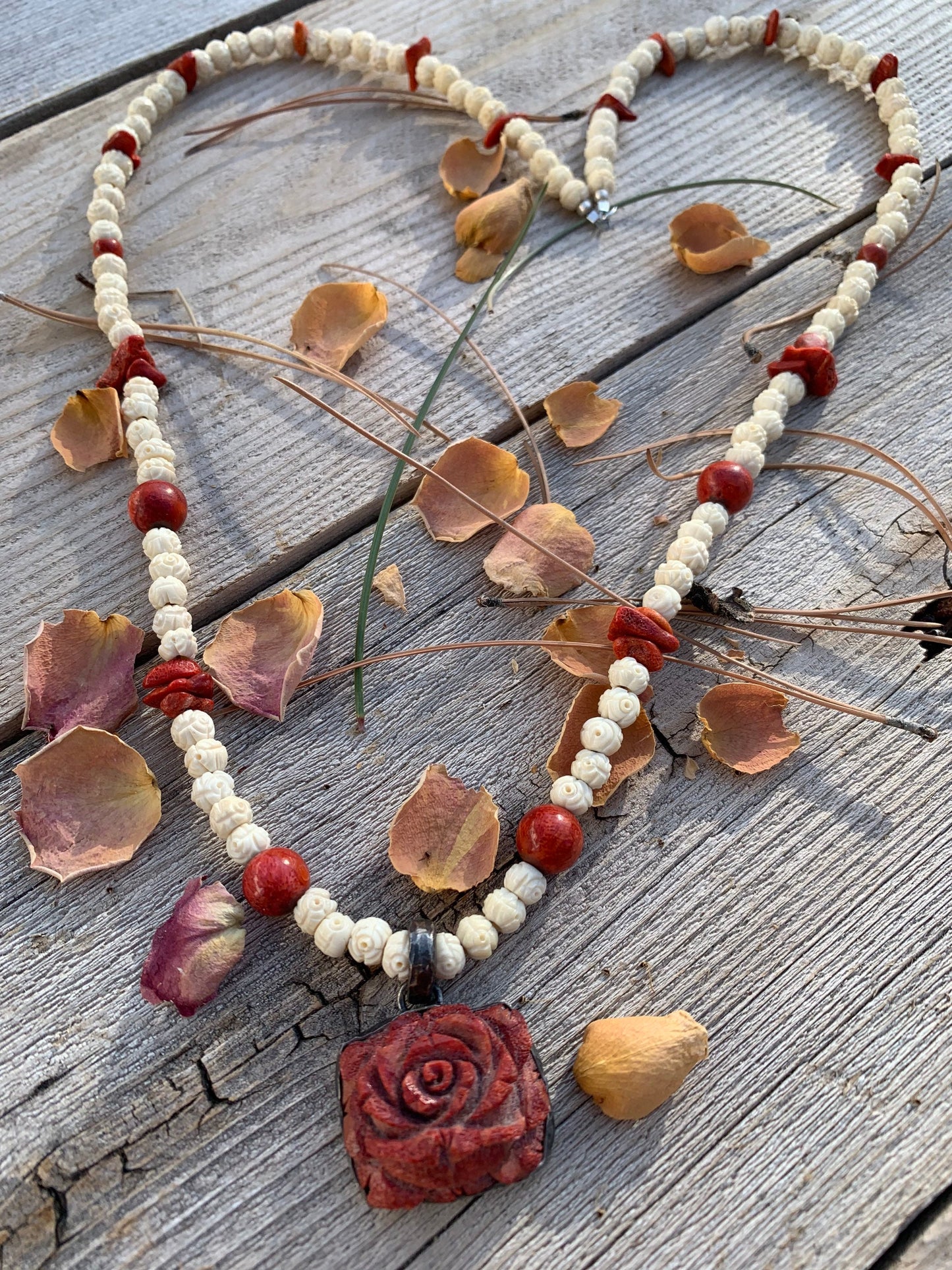 Necklace “Spring Rose” Vintage Carved Coral Rose pendant, Vintage carved bone Rose beads, Vintage Coral Beads, Gift idea, Spring line