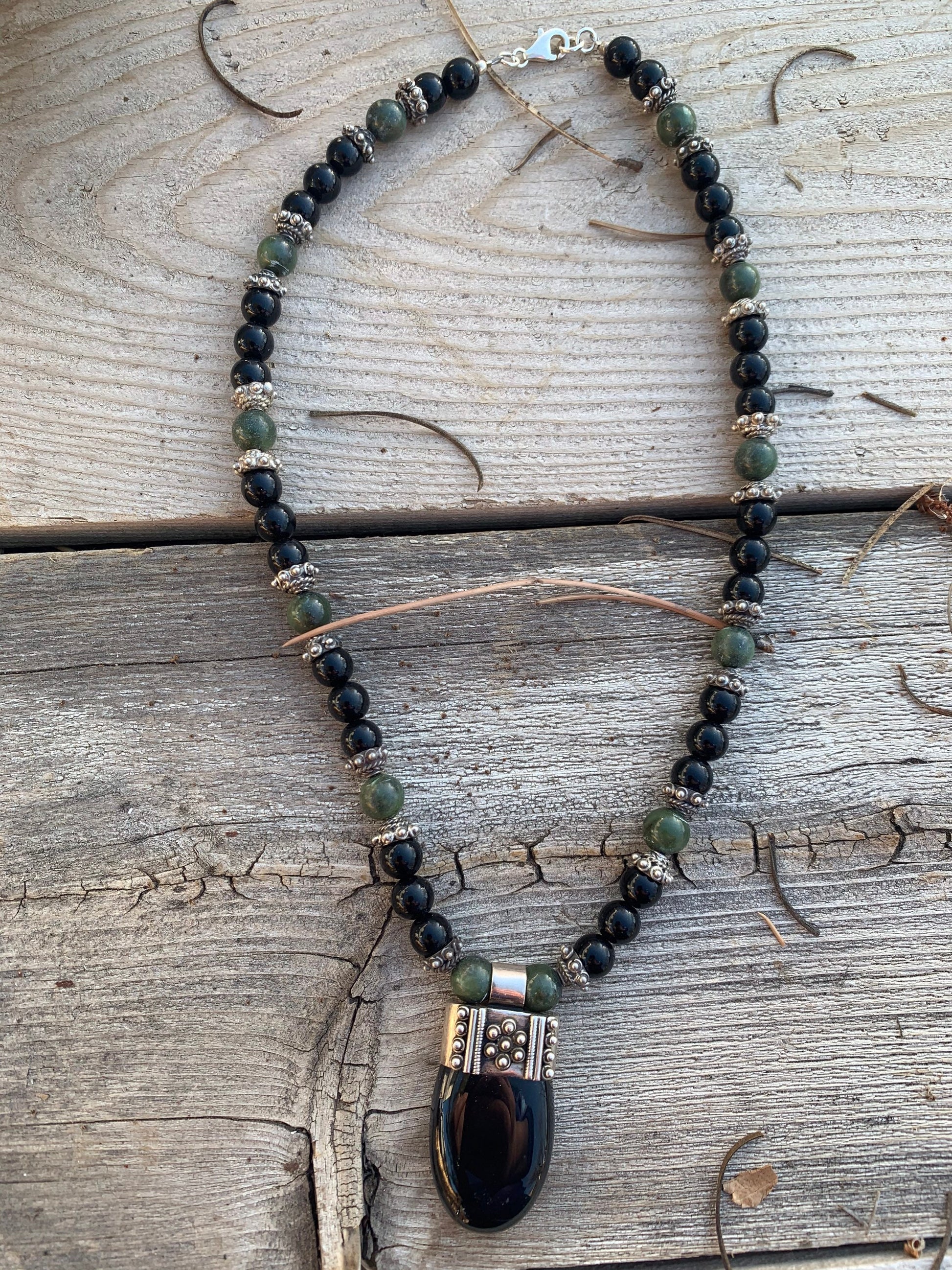 necklace "Grounded Prosperity" Onyx pendant, Onyx beads, Vintage Jade, Bali Silver caps, Reiki charged, Gender Neutral jewelry, Gift Idea