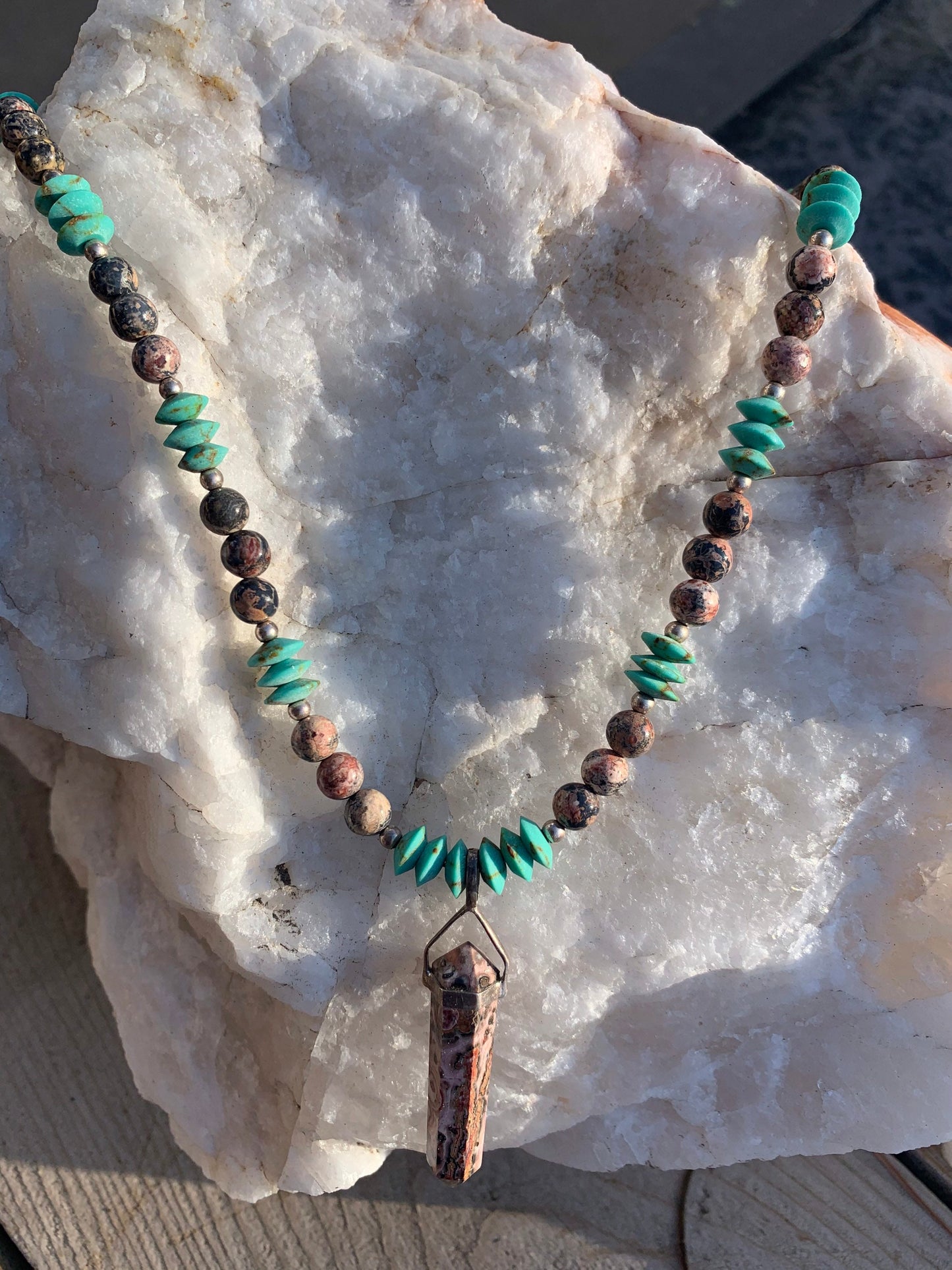 necklace "Leopard in the Sky" Leopardskin Jasper pendant & beads, Afghan Turquoise, Gender Neutral necklace, Reiki charged, Protection stone