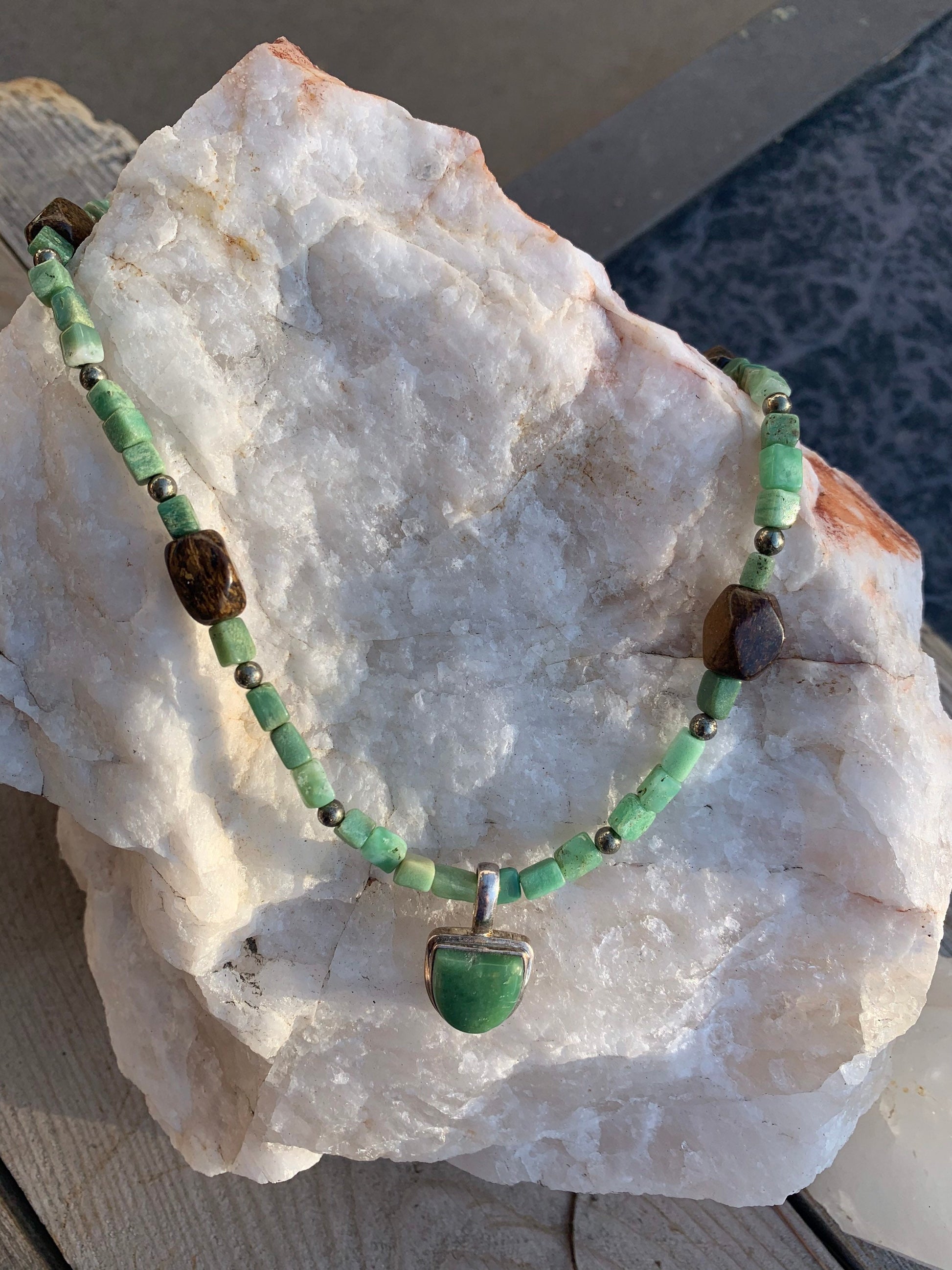 necklace "I Grow" Chrysoprase pendant and beads, Pyrite, Bronzite, Reiki charged, Gender Neutral jewelry, Spring jewelry, heart chakra piece