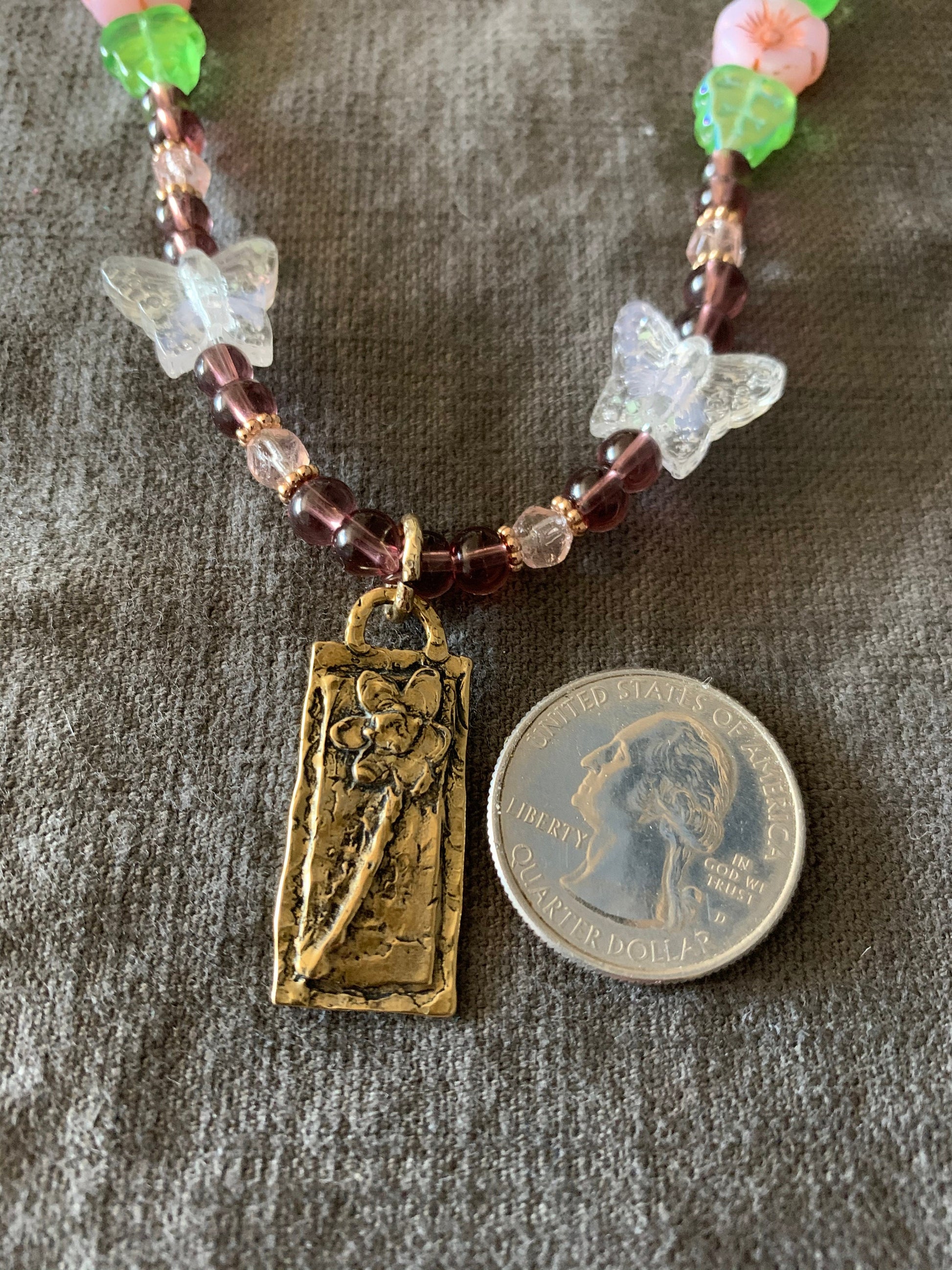 Necklace “Cherry Blossoms” Bronze pendant, Pressed Glass Flowers, Glass Butterflies, Vintage Glass Beads, Spring Line, Gender Neutral