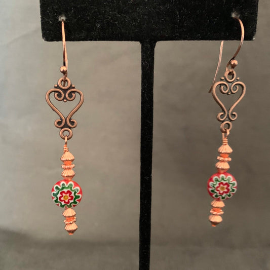 Earrings, Copper Heart Charms, Millefiori beads, Copper Beads, Gift Idea, Zoom Earrings, Copper jewelry, Flower earrings