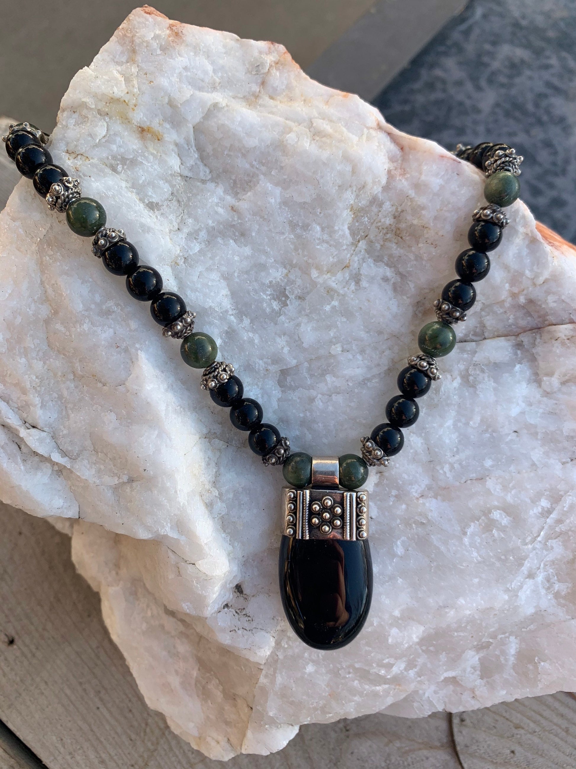 necklace "Grounded Prosperity" Onyx pendant, Onyx beads, Vintage Jade, Bali Silver caps, Reiki charged, Gender Neutral jewelry, Gift Idea