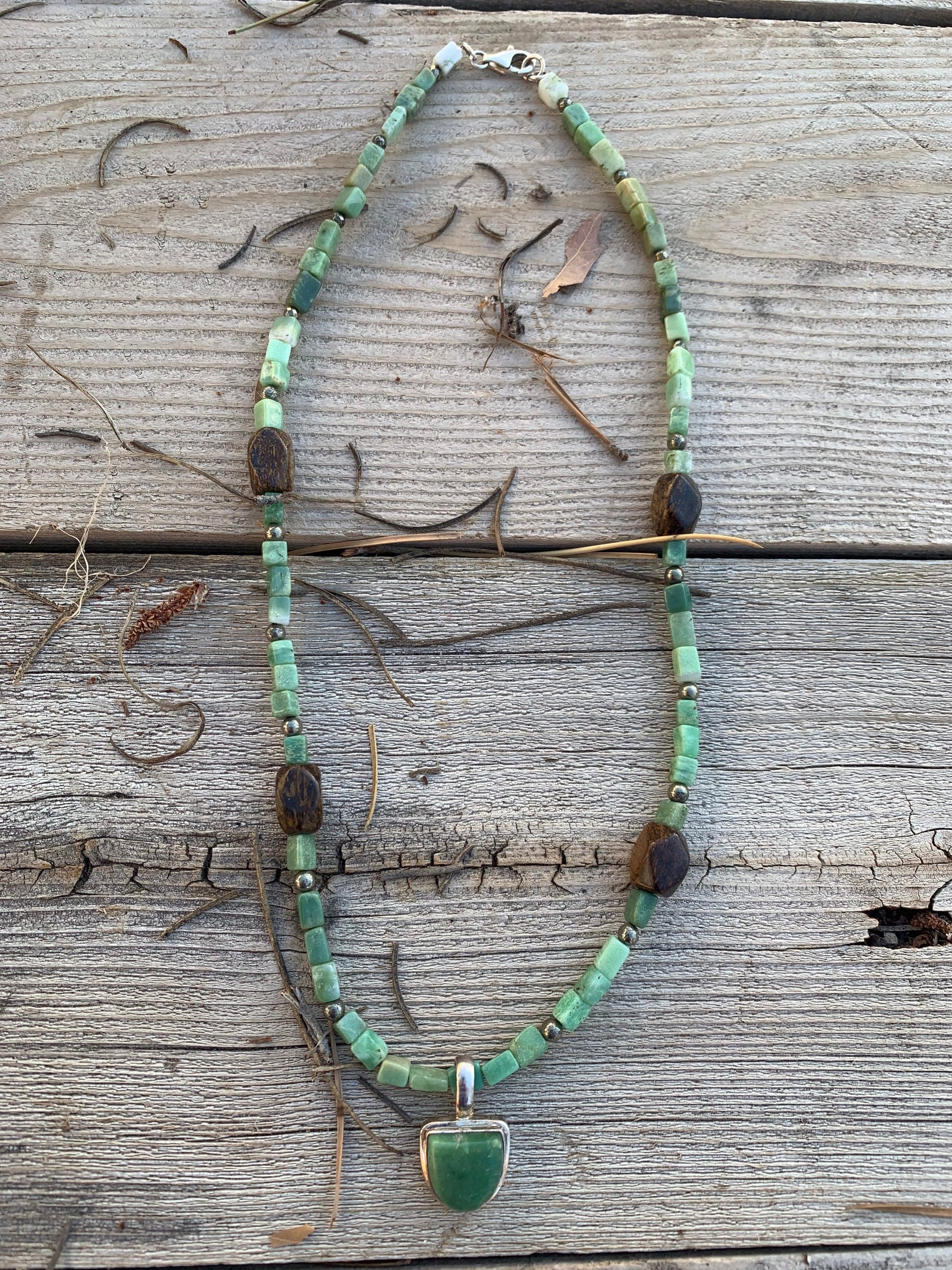 necklace "I Grow" Chrysoprase pendant and beads, Pyrite, Bronzite, Reiki charged, Gender Neutral jewelry, Spring jewelry, heart chakra piece