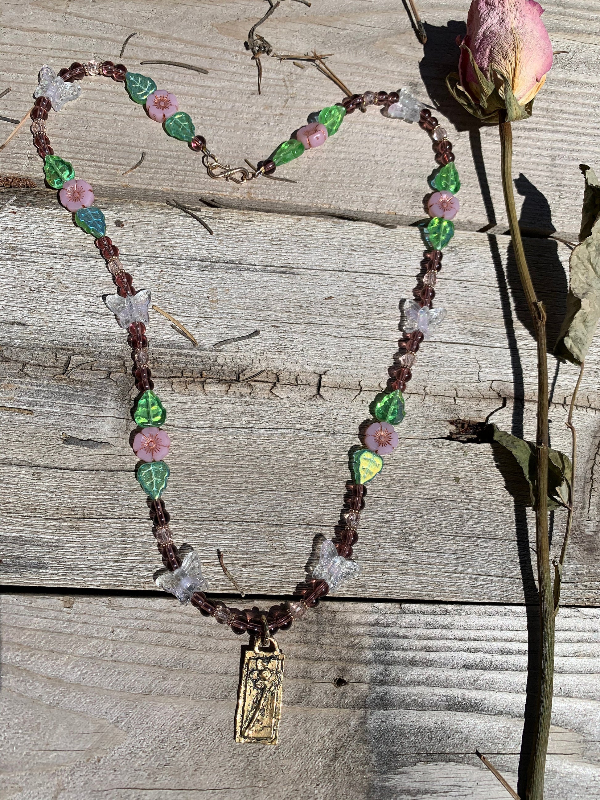 Necklace “Cherry Blossoms” Bronze pendant, Pressed Glass Flowers, Glass Butterflies, Vintage Glass Beads, Spring Line, Gender Neutral