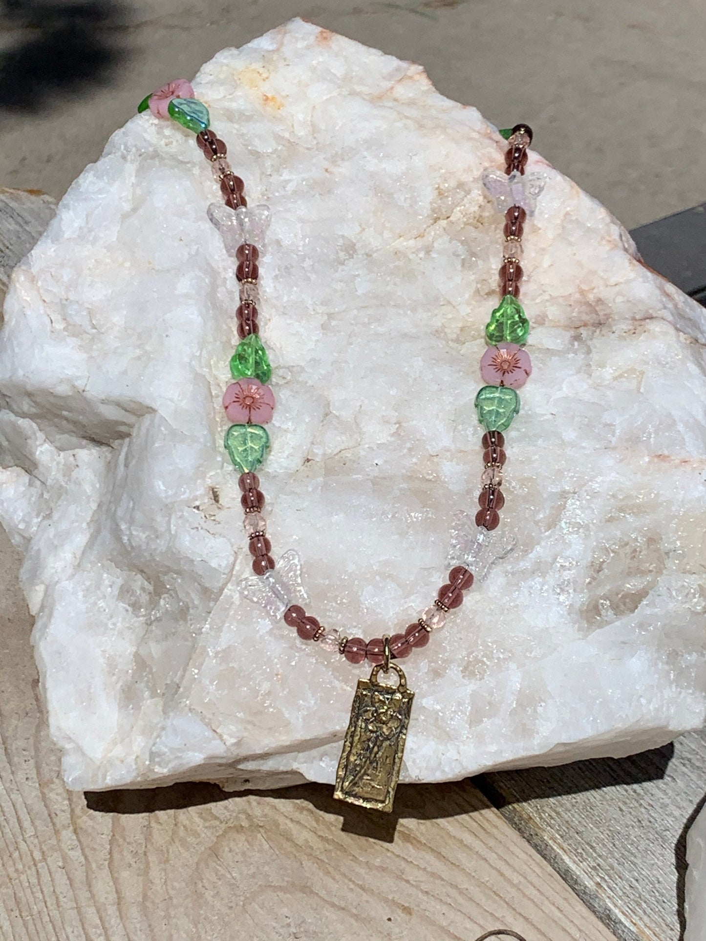 Necklace “Cherry Blossoms” Bronze pendant, Pressed Glass Flowers, Glass Butterflies, Vintage Glass Beads, Spring Line, Gender Neutral