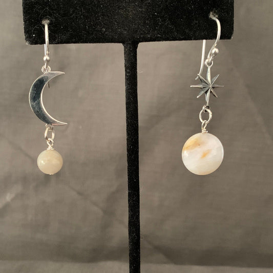 Earrings “Venus & The Moon” Sterling Moon and Star, Moonstone, Opal, Gift idea, Zoom jewelry, Celestial earrings, Planet jewelry, Reiki vibe