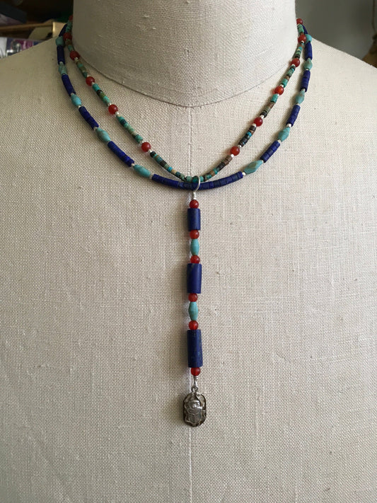 necklace "Khepri" Sterling Scarab, Afghan Lapis, Afghan Turquoise, Carnelian, Ancient Egyptian Style, Sun God,  Reiki charged, Boho style