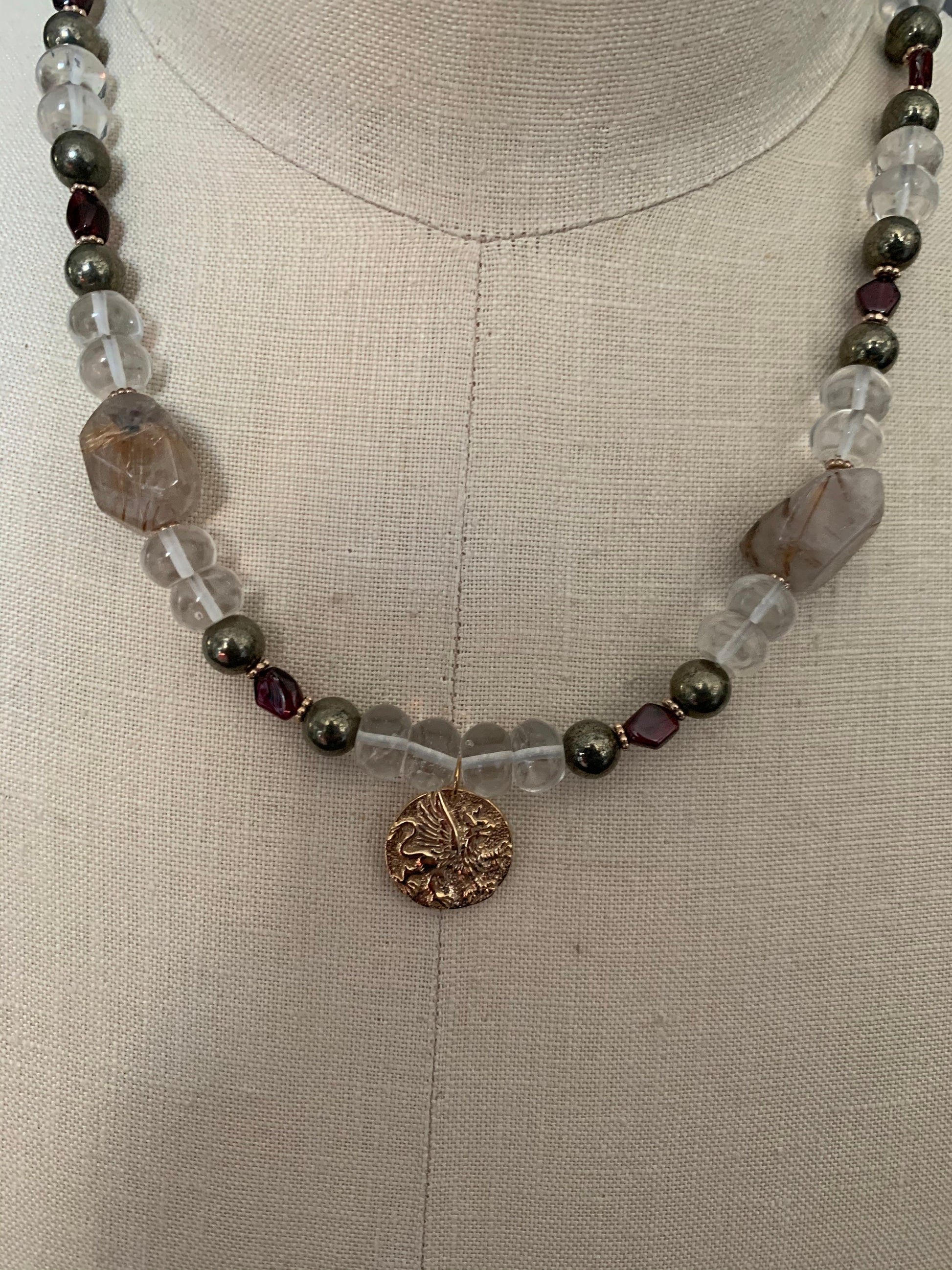 Necklace “Protector” Bronze Griffin Coin, Clear Quartz, Garnet, Pyrite, Gender Neutral, Protection charm, Prosperity, Reiki charged