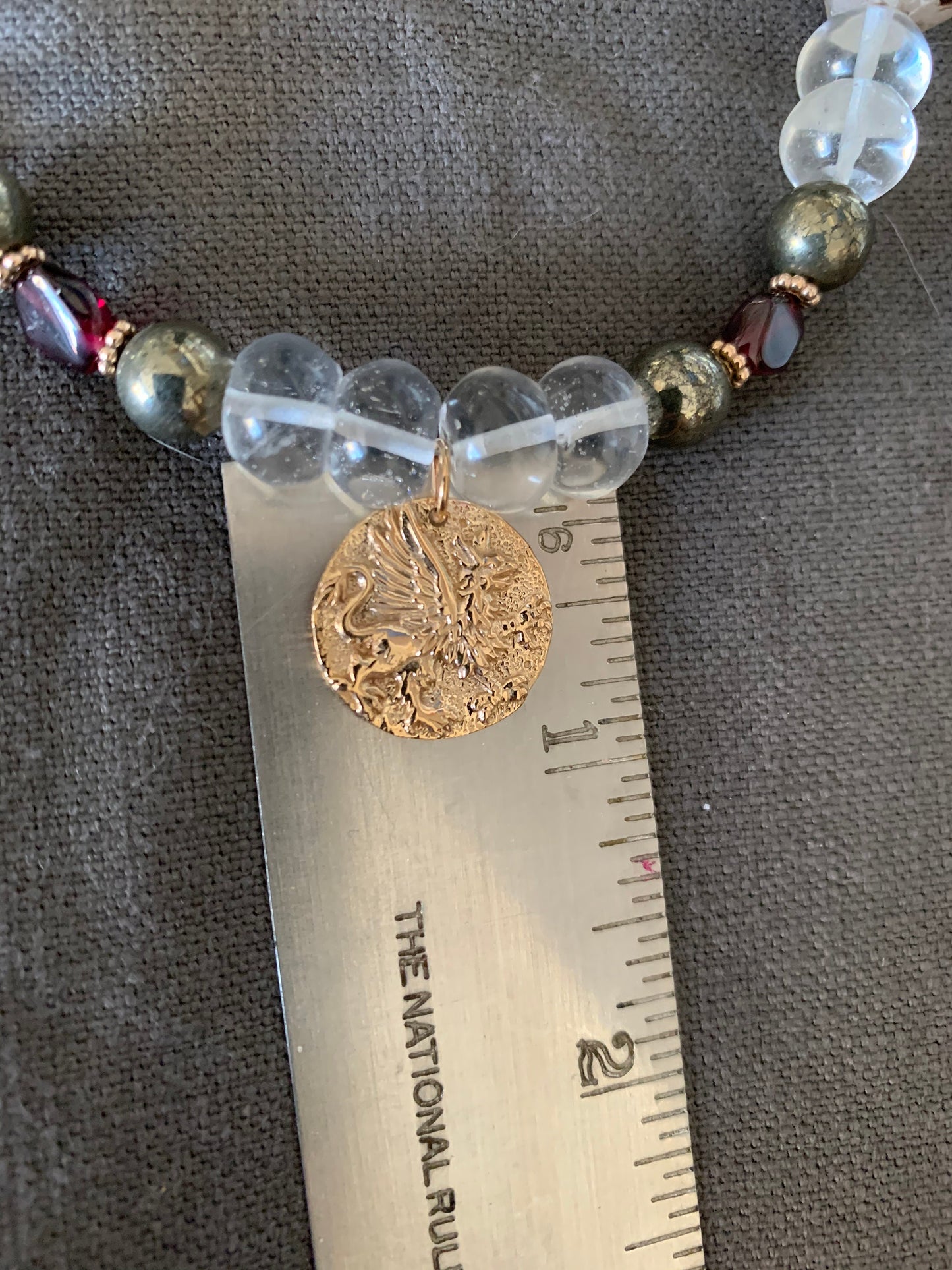 Necklace “Protector” Bronze Griffin Coin, Clear Quartz, Garnet, Pyrite, Gender Neutral, Protection charm, Prosperity, Reiki charged