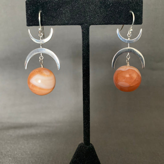 Earrings “Red Planet” Natural Agate rounds, Sterling Moon charms, Mars energy, Planet Mars, Aries, Gift idea, Reiki charged, Celestial