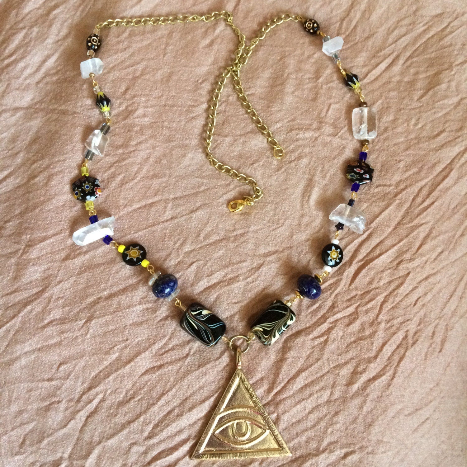 necklace "All Seeing" All Seeing Eye pendant, Lampwork beads, Lapis, Quartz, Millefiori, Gender Neutral, Handmade Links, Upcycled chain