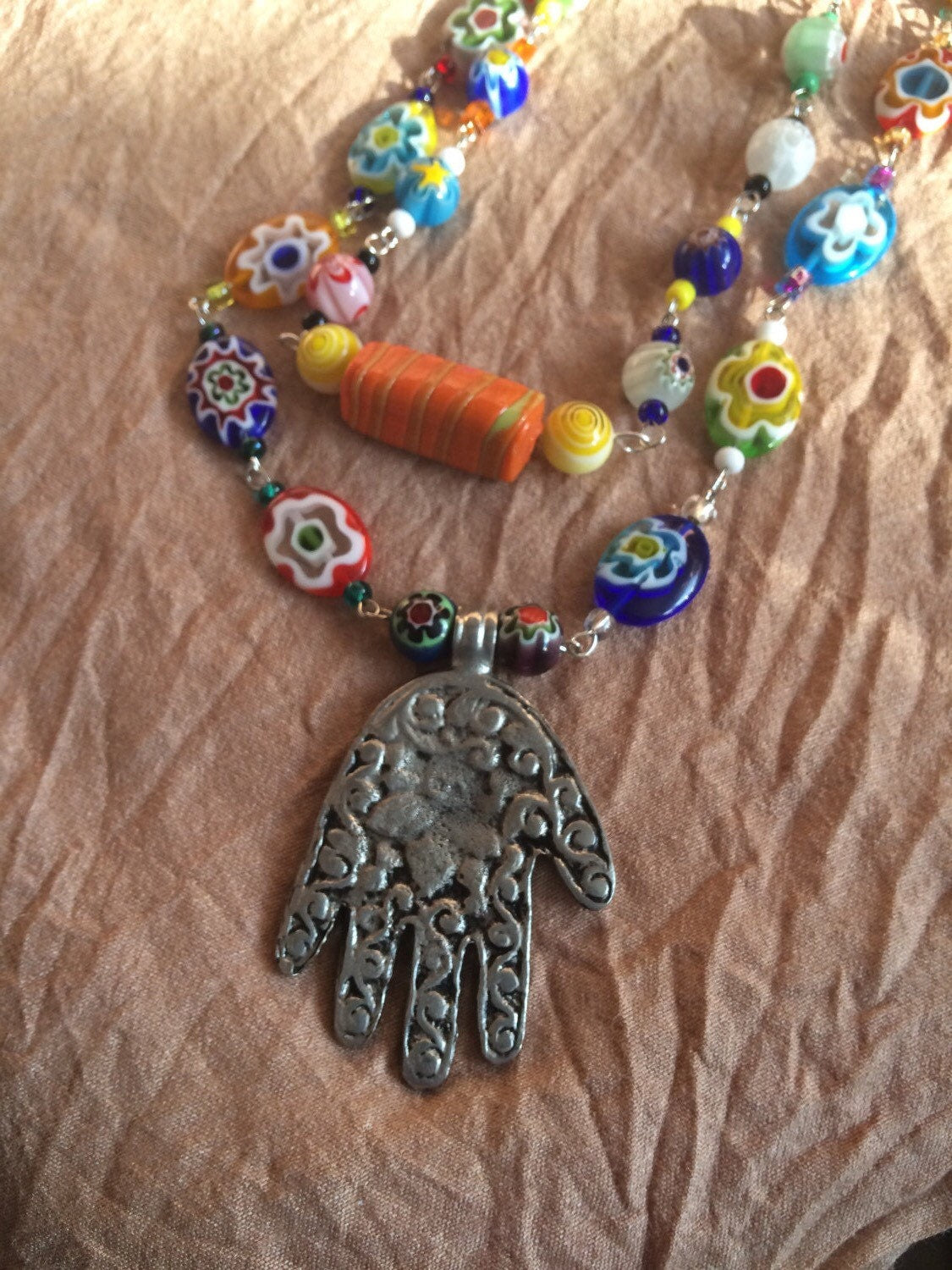 Necklace "Her flowers" pewter Hamsa pendant, Hand of God, Handmade chain, Festival jewelry, Millefiori beads, Lampwork beads, Reiki charged