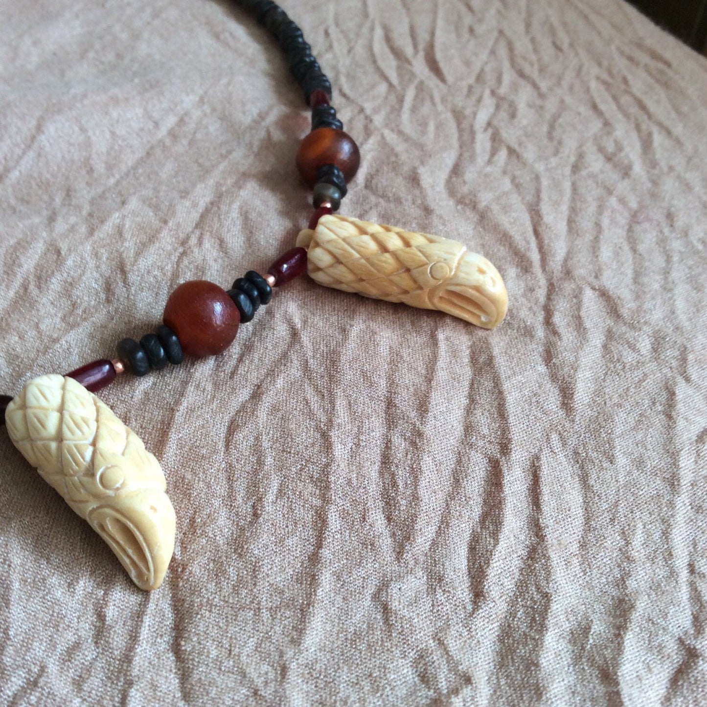 necklace "Soar" carved bone eagles, horn beads, gender neutral necklace, bird energy, eagle jewelry, raptor necklace