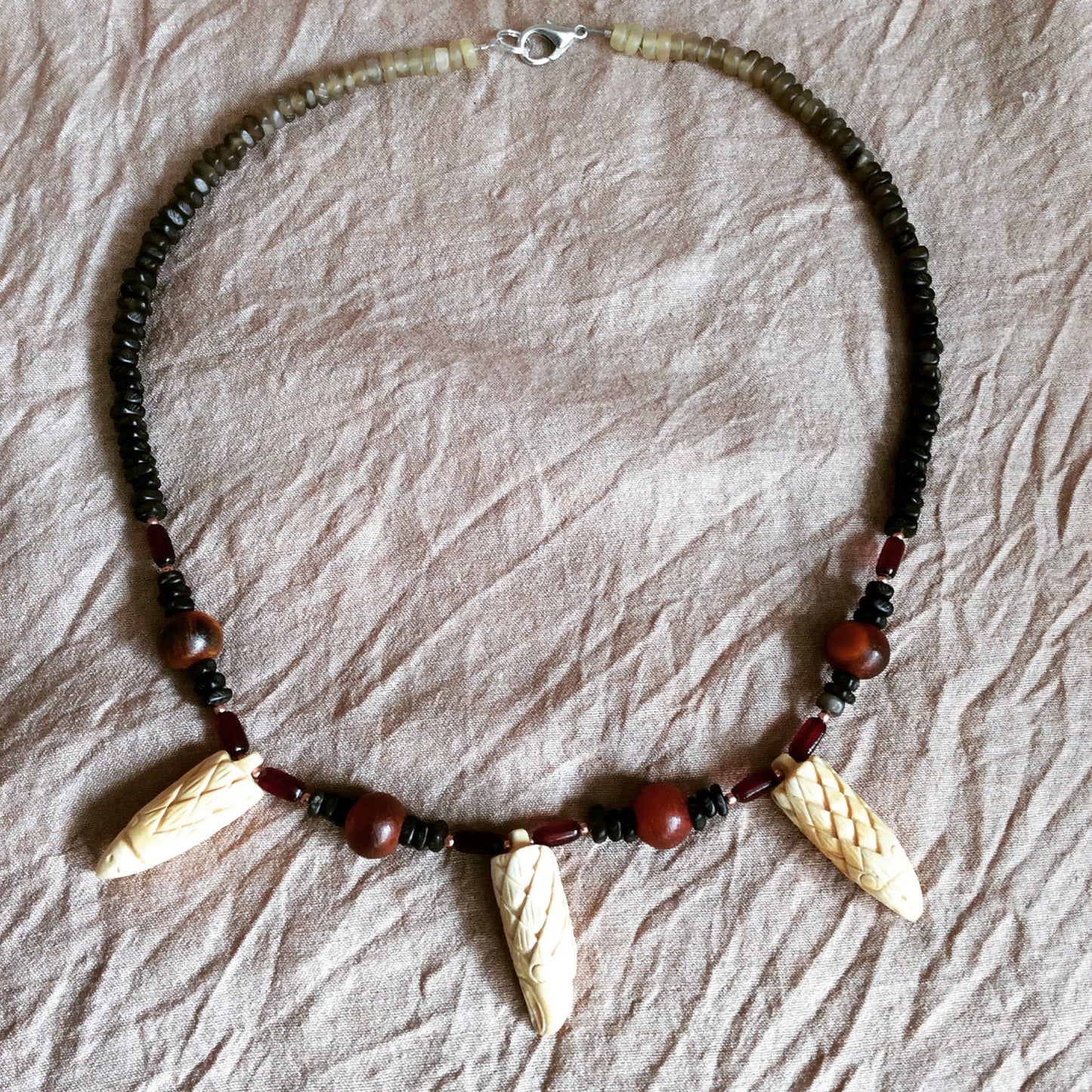 necklace "Soar" carved bone eagles, horn beads, gender neutral necklace, bird energy, eagle jewelry, raptor necklace