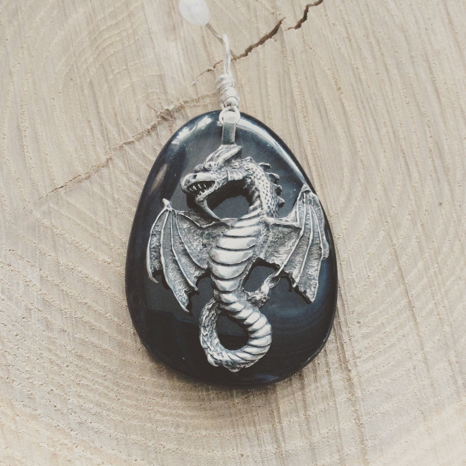 pendant "Dragon Eye" Pewter Dragon, Banded Onyx, Dragon jewelry, Gender Neutral jewelry,  Mother of Dragons, Dragon Riders, reiki charged