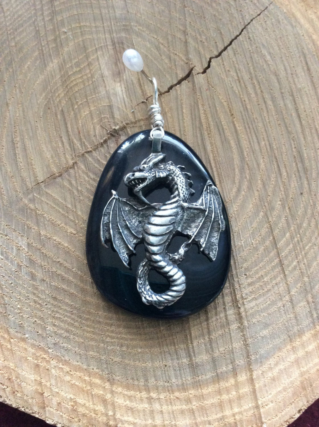 pendant "Dragon Eye" Pewter Dragon, Banded Onyx, Dragon jewelry, Gender Neutral jewelry,  Mother of Dragons, Dragon Riders, reiki charged