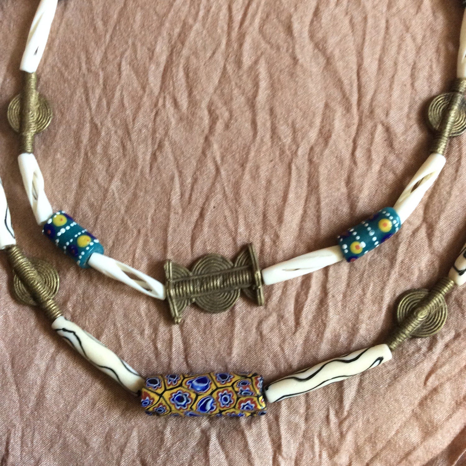 necklace, "Fair Trade" antique African Trade beads, Brass Sun Moon Baule beads, Krobo beads, Carved Bone Scarabs, Gift idea, Gender Neutral