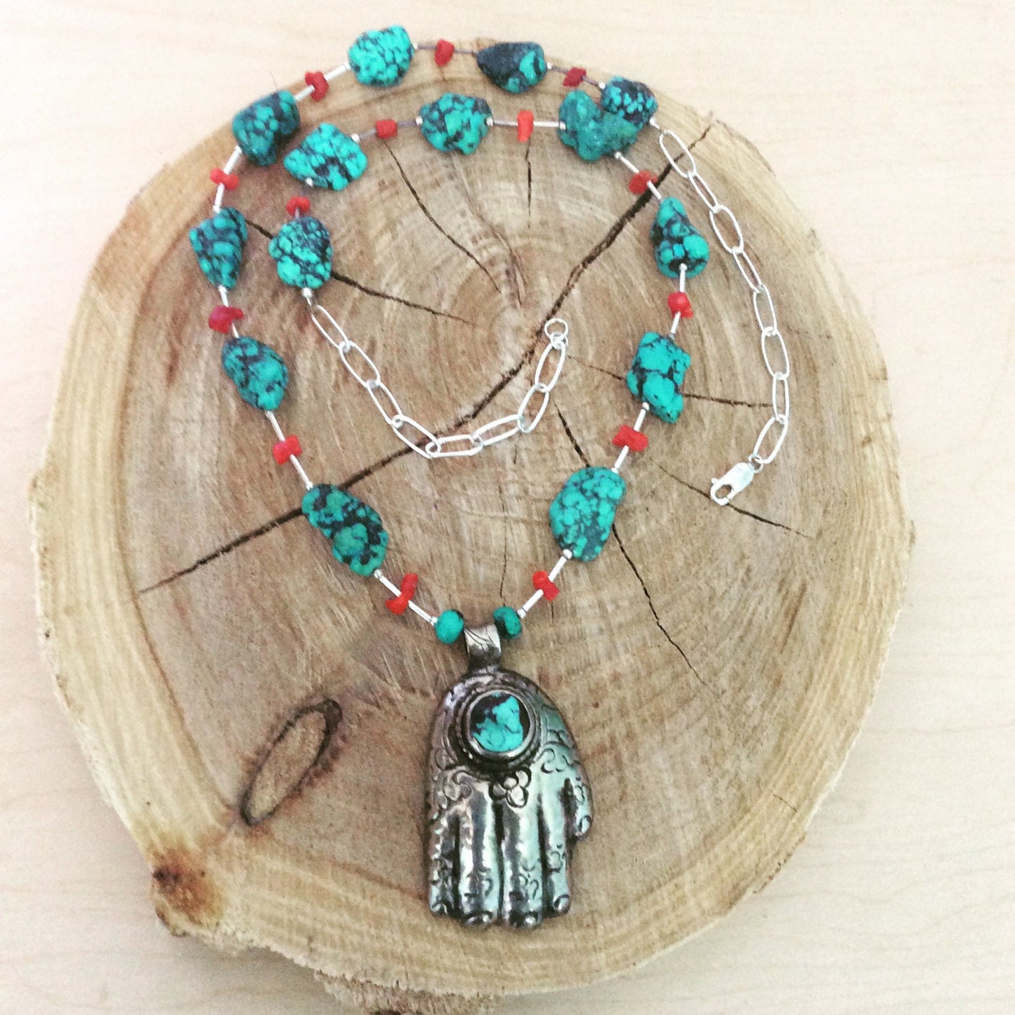 necklace "Hand Held High" Nepal Hamsa, Tibetan turquoise, Red Coral, Hand of God, Hand of Fatima, Gift idea, Gender Neutral jewelry, Reiki