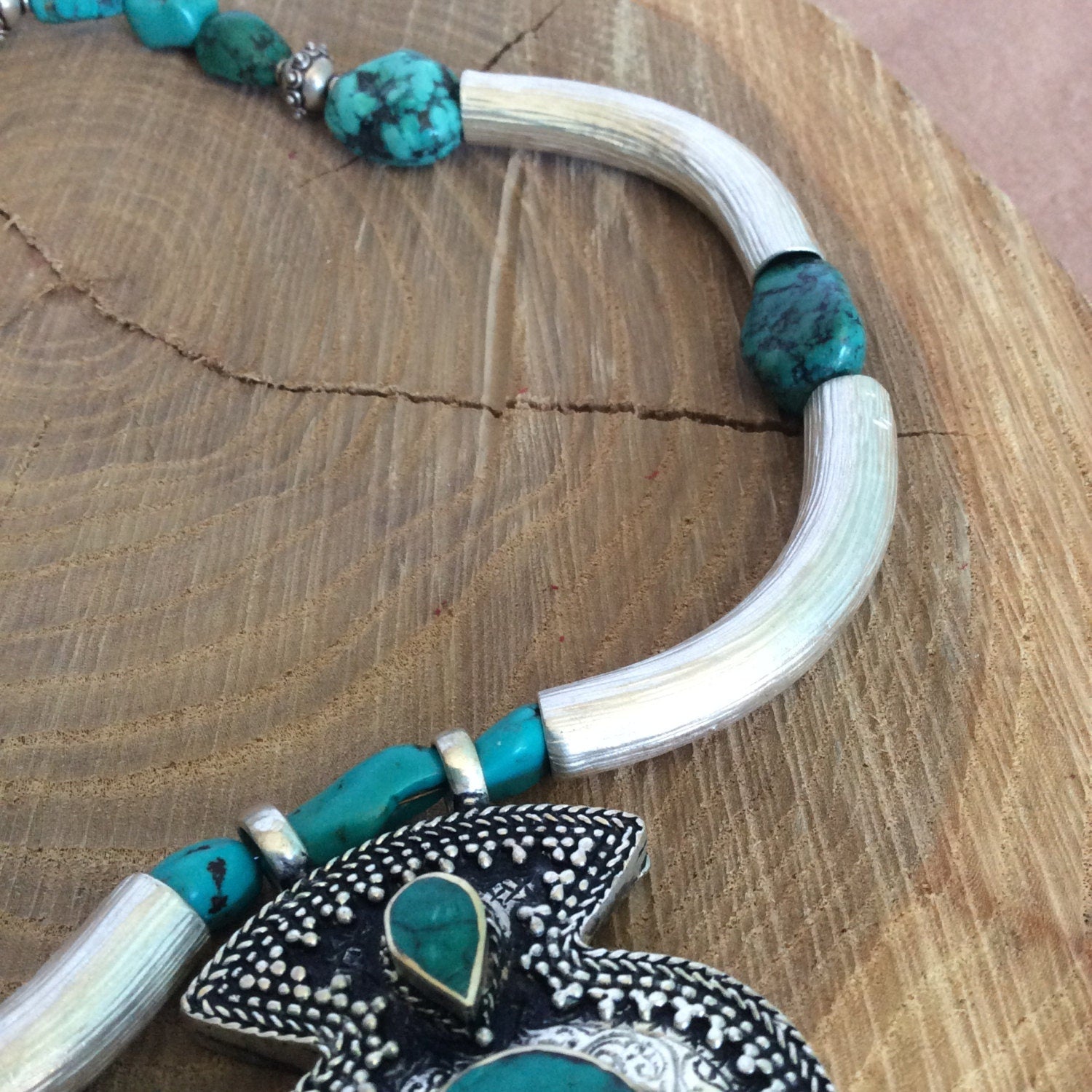 necklace "Oriental Turquoise" Kuchi pendant, Fine Silver, Tibetan turquoise, Bali Sterling beads, Statement piece, Gender Neutral, Gift idea