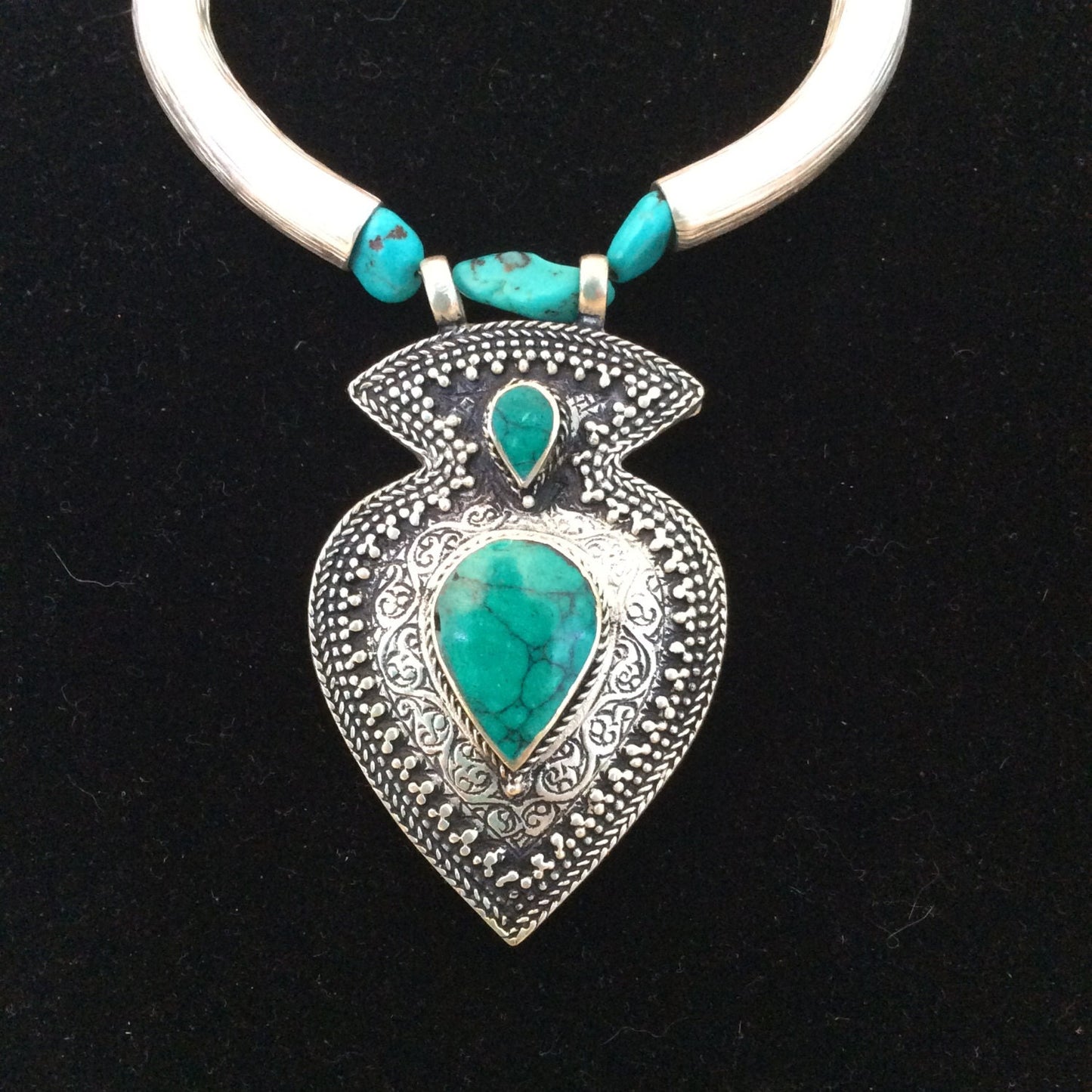 necklace "Oriental Turquoise" Kuchi pendant, Fine Silver, Tibetan turquoise, Bali Sterling beads, Statement piece, Gender Neutral, Gift idea