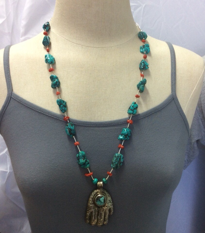 necklace "Hand Held High" Nepal Hamsa, Tibetan turquoise, Red Coral, Hand of God, Hand of Fatima, Gift idea, Gender Neutral jewelry, Reiki